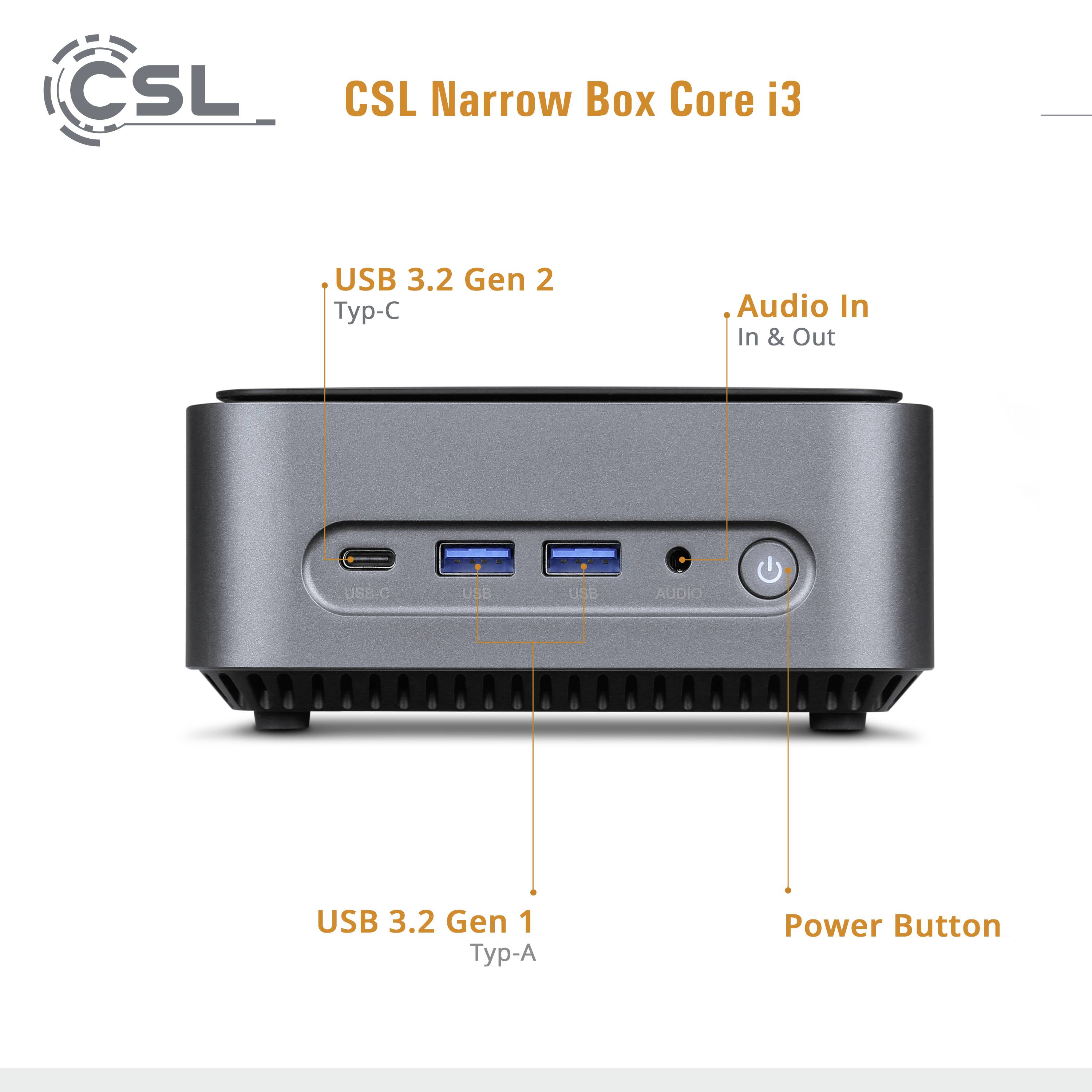 CSL Narrow Box Core i3 ukazuje přední stranu kompaktního počítačového pouzdra s USB a audio porty a síťovým vypínačem.