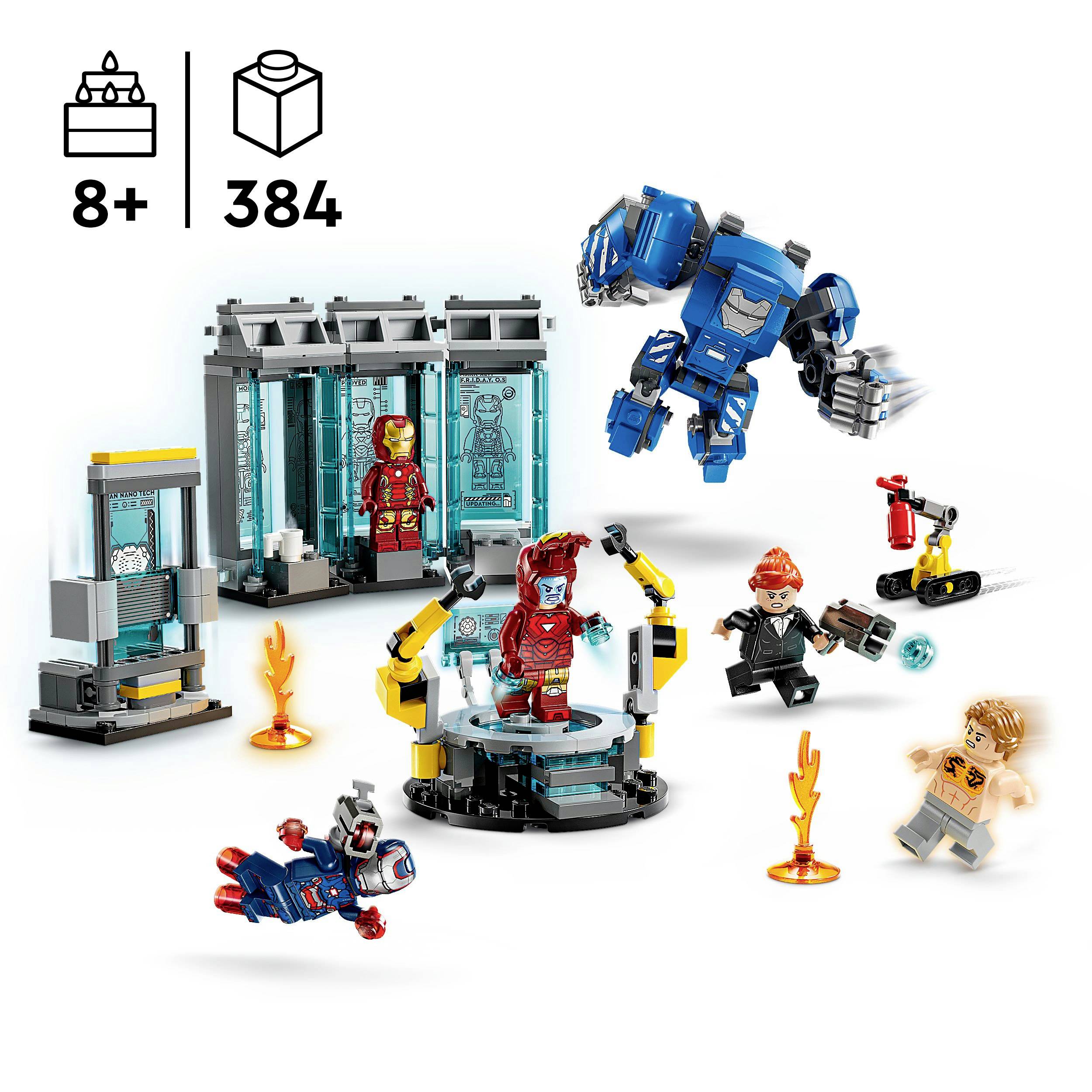 LEGO sada s Iron Manem a figurkami v prostředí světa Marvel, včetně laboratořních a oblekových prvků a příslušenství.