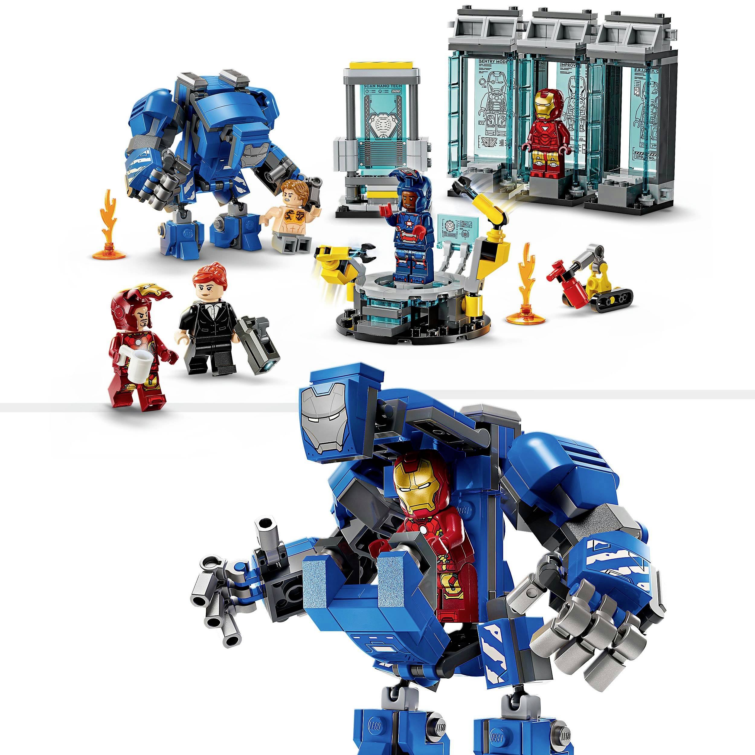 Sada LEGO stavebnice s tématem superhrdinů zobrazuje modrého robota držícího jednu postavu a několik dalších postav, včetně jedné v červeném obleku.