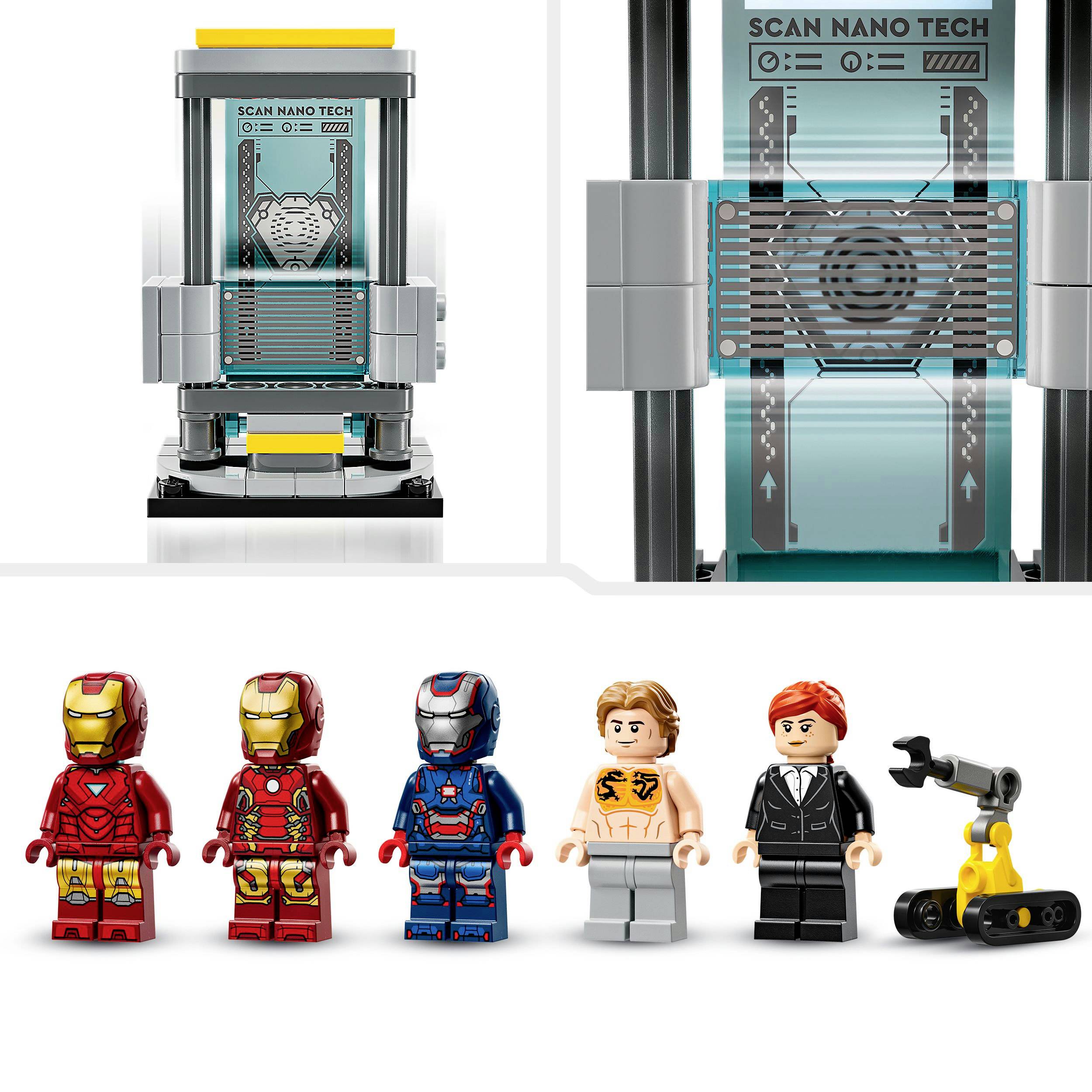 Šest LEGO minifigurek, včetně tří v oblecích superhrdinů, jedné s odhazenou horní částí těla, jedné v obleku a jedné robotické figurky, před high-tech pozadím.
