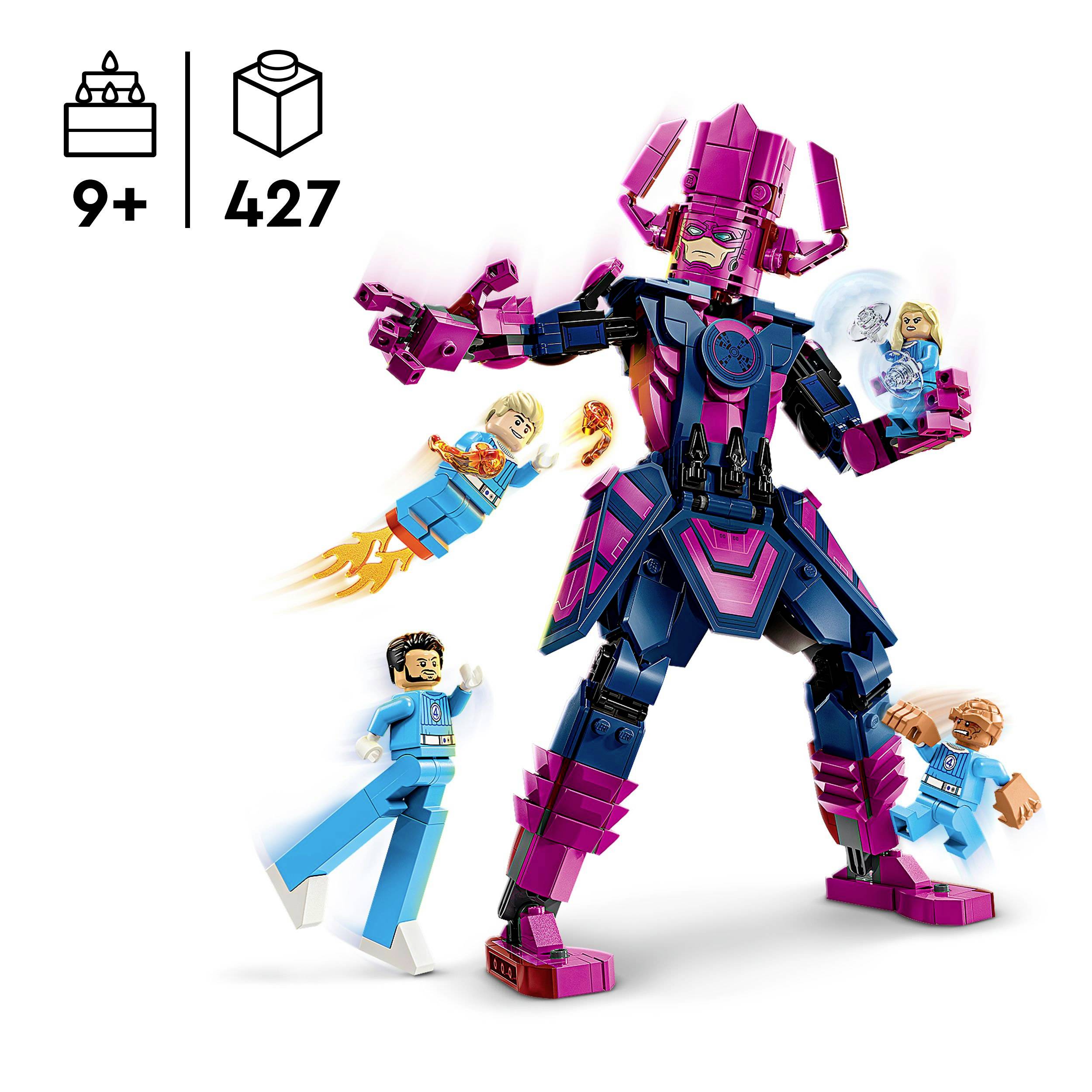 LEGO sada zobrazuje velkého růžovo-modrého robota se čtyřmi létajícími figurkami kolem něj. Věkové doporučení: od 9 let, 427 dílků.