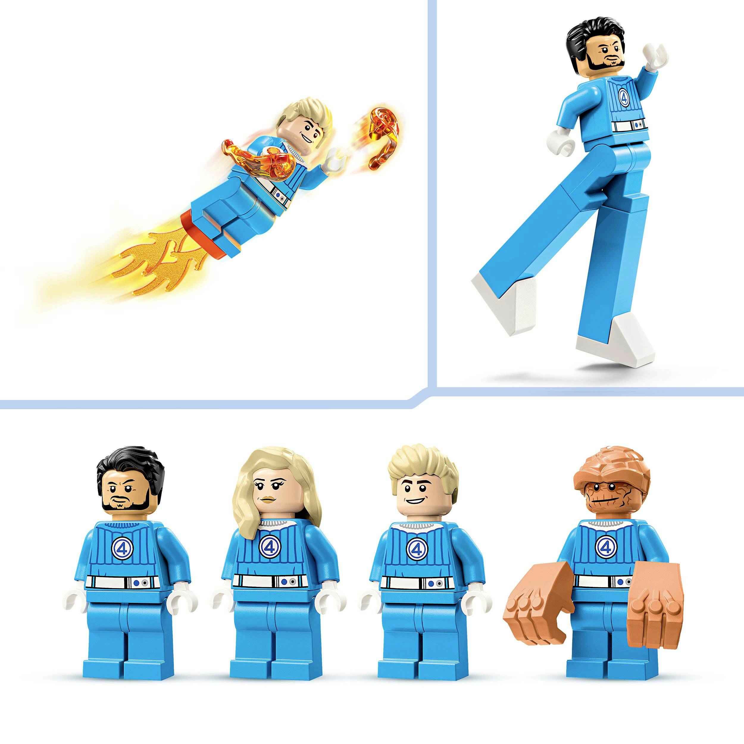 LEGO figurky v modrých oblecích: Jeden superhrdina létá s plameny, druhý skáče. Dole stojí tři figurky, jedna má velké ruce.