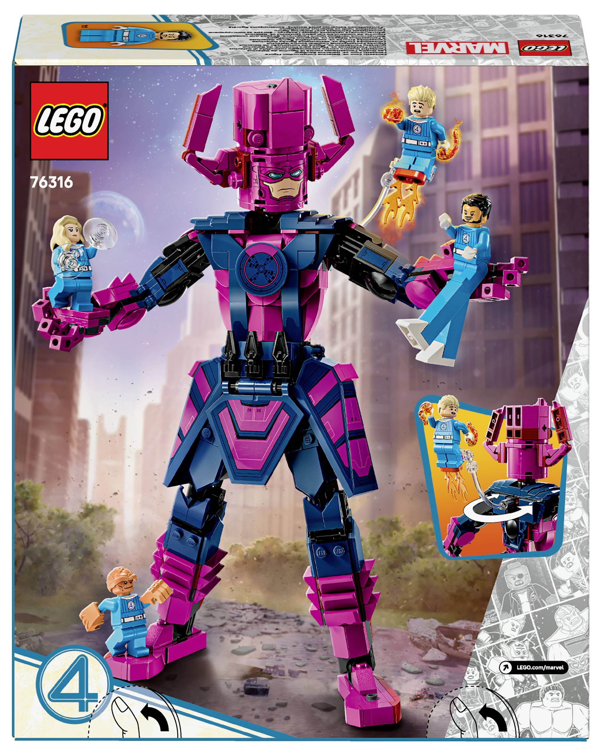 LEGO Marvel Set 76316 s velkou růžovo-modrou figurkou s helmou, která balancuje menší figurky na rukou. Pro děti od 4 let.
