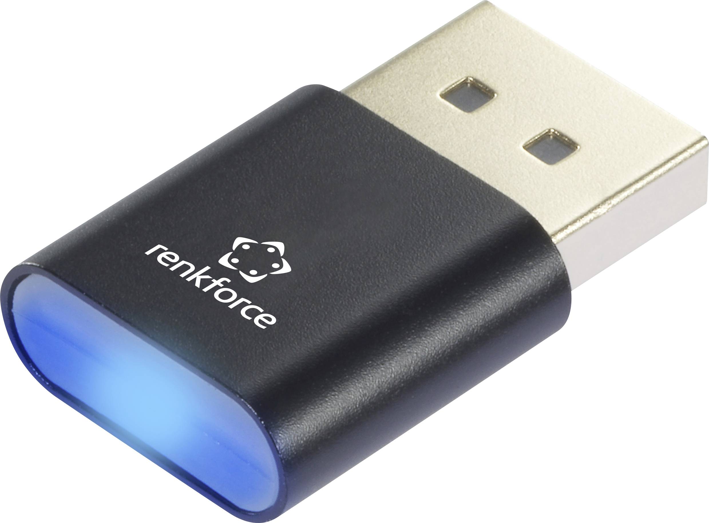USB adaptér s černým pouzdrem a modrou LED indikací. Na povrchu je vytištěn název značky 'renkforce'.