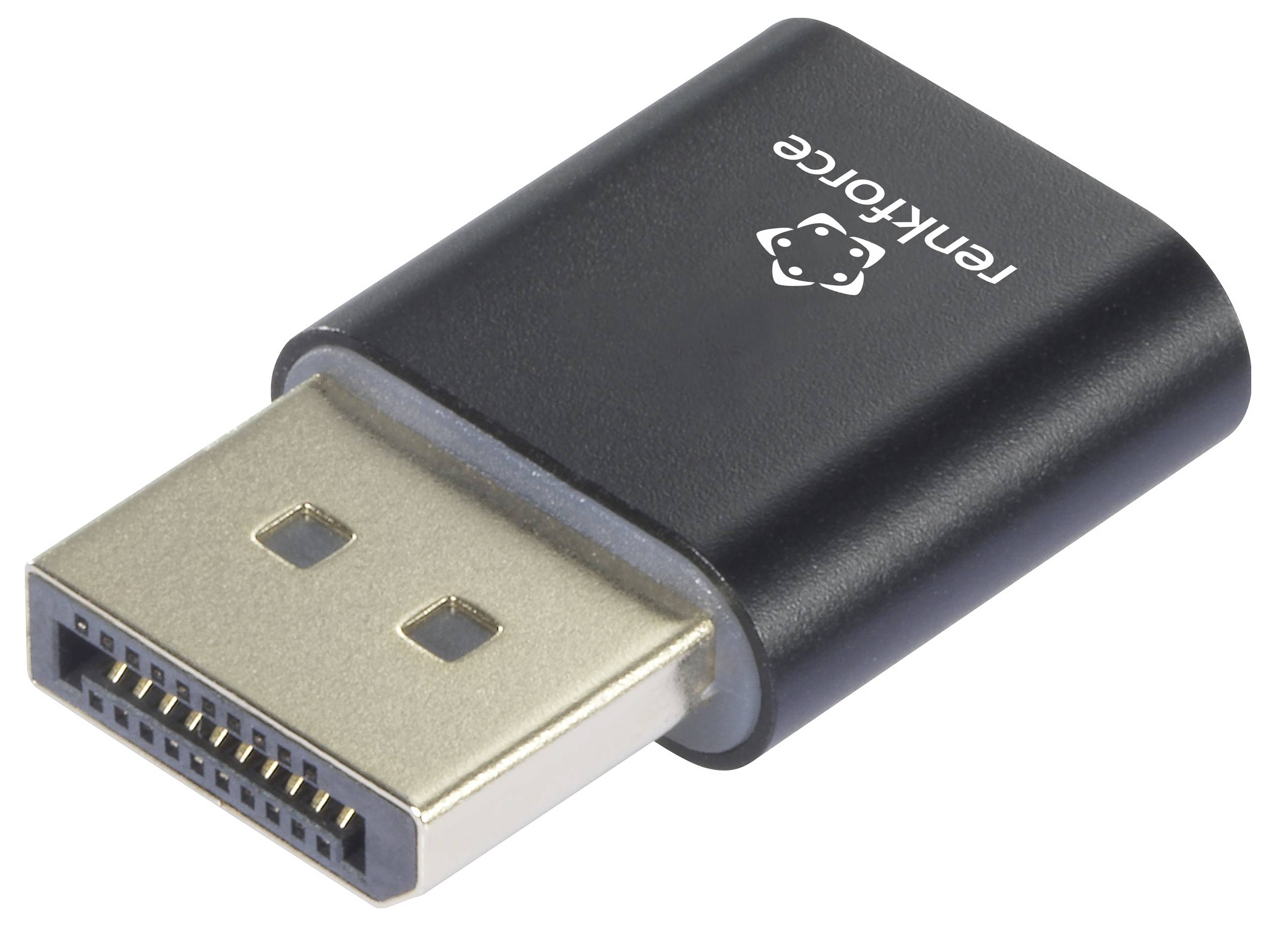 Černý DisplayPort adaptér od společnosti 'renkforce' se dvěma povrchovými konektory, který slouží k propojení zařízení s rozhraním DisplayPort.