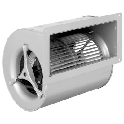 Axiální ventilátor v obdélníkovém pouzdře, vyrobený převážně z kovu, s viditelnými lopatkami a upevňovacími prvky.