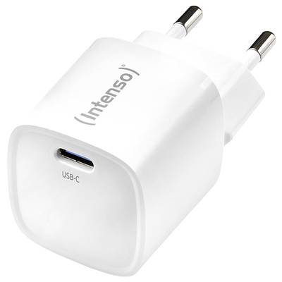 Bílá USB-C nabíječka od společnosti Intenso se dvěma síťovými kolíky.