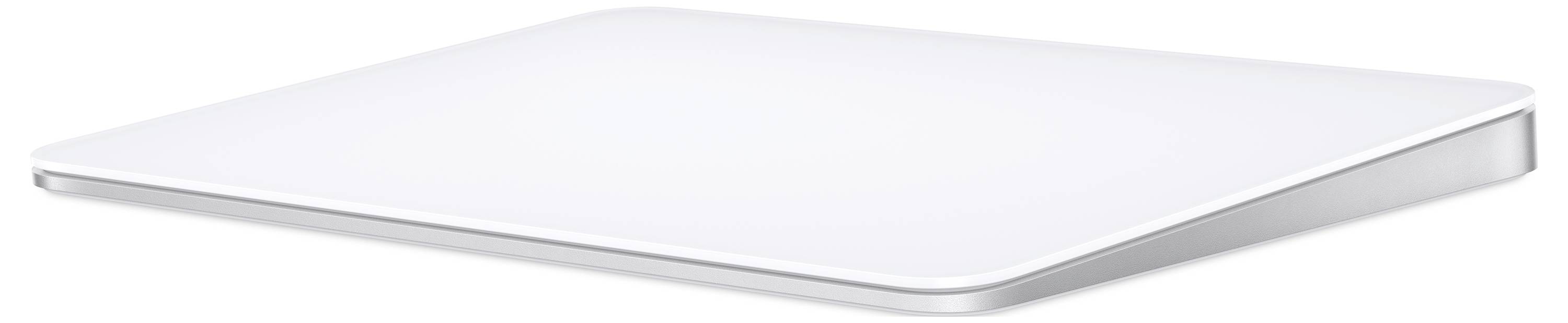 Bílý, plochý trackpad s hladkým povrchem, pohled z úhlu z boku.