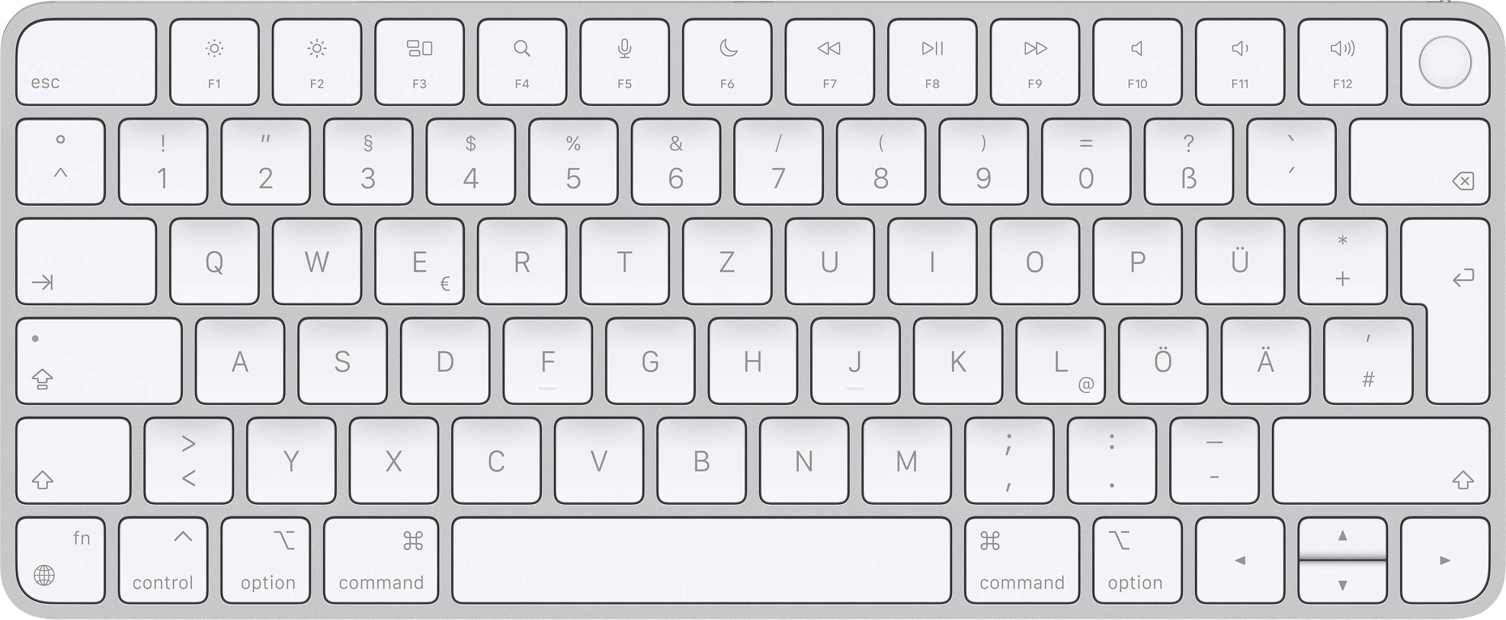 Klávesnice ve světlém designu s německým rozložením QWERTZ, řada funkčních kláves nahoře.