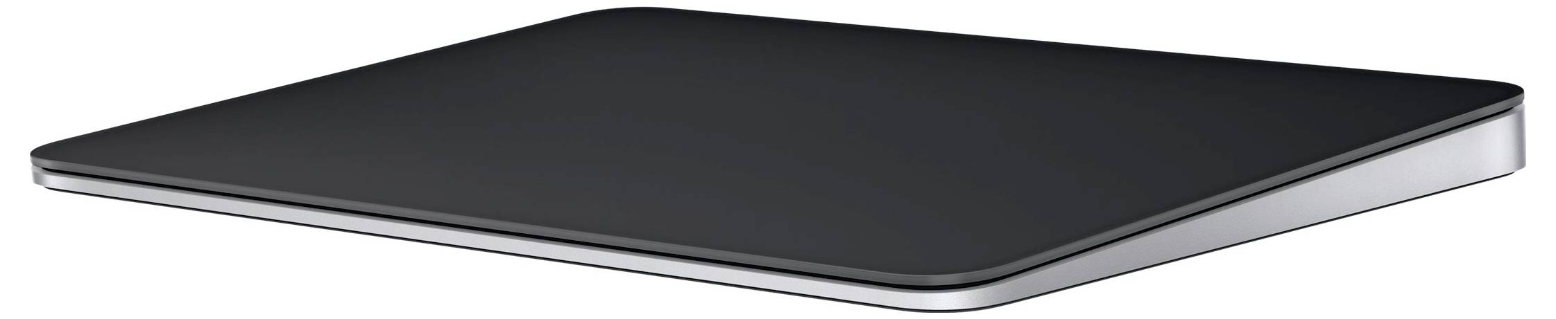 Černý, obdélníkový touchpad se stříbrným okrajem, pravděpodobně určený pro ovládání počítače.