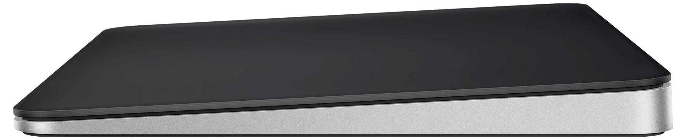 Ploché, obdélníkové touchpad s černým povrchem a stříbrným rámečkem, pravděpodobně přenosné vstupní zařízení.