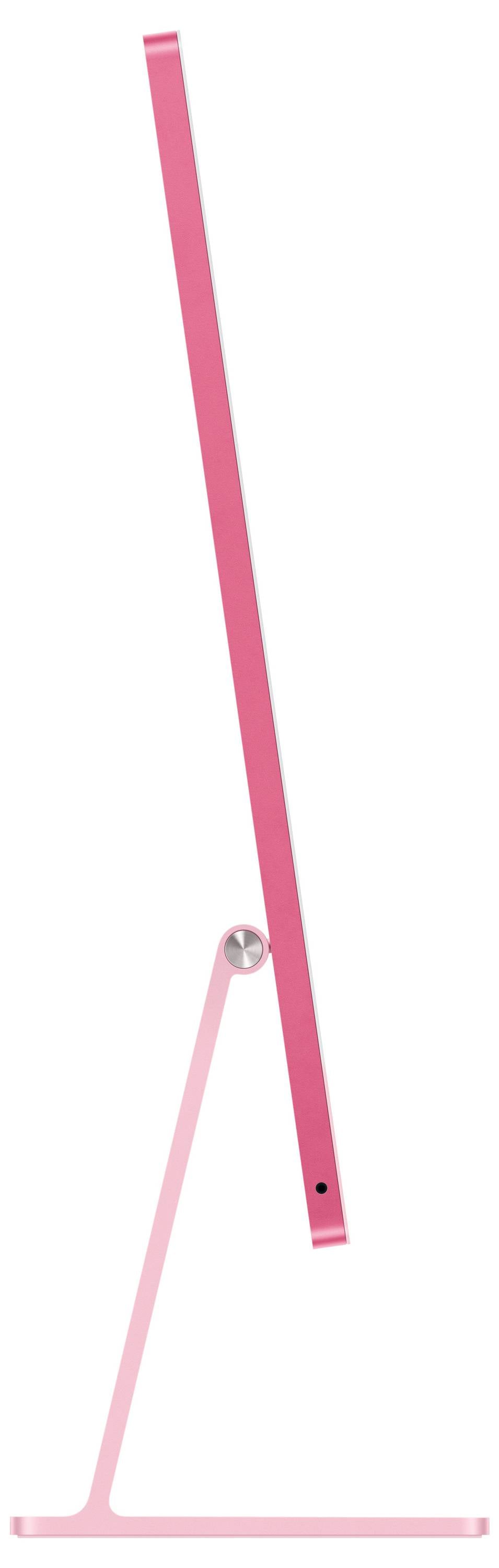 Tenký, růžový počítačový monitor z bočního pohledu, stojící na úzkém stojanu. Moderní a minimalistický design.