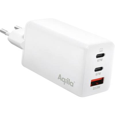 Bílá nabíječka se třemi porty: dva USB-C porty s 67W a jeden USB-A port s 22.5W. Značka 'Aqiila'.