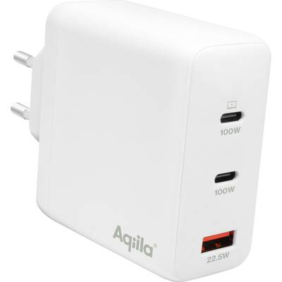 Bílá nástěnná nabíječka se třemi porty: dva USB-C porty pro 100W a jeden USB-A port pro 22,5W výkonu.