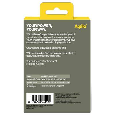 Balení 120W nabíječe Chargebird W4 od Aqily. Popis zdůrazňuje rychlé nabíjení přes USB-C a technologii GaN, kryt vyrobený z 50% recyklovaného materiálu.
