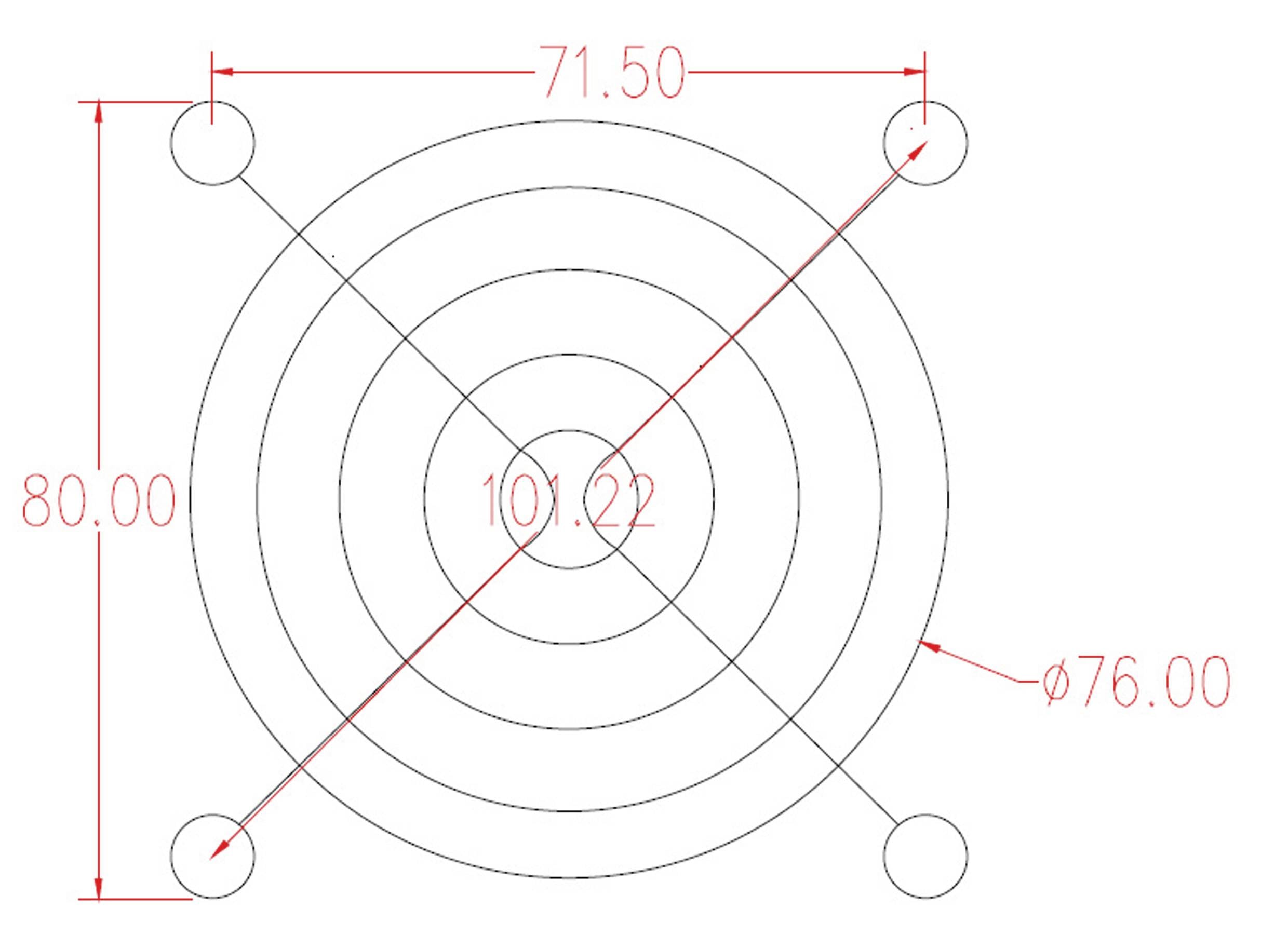 Diagram větrací mříže s celkovou šířkou 80, výškou 71,5, průměrem otvoru 76 a středem v bodě 101,22.