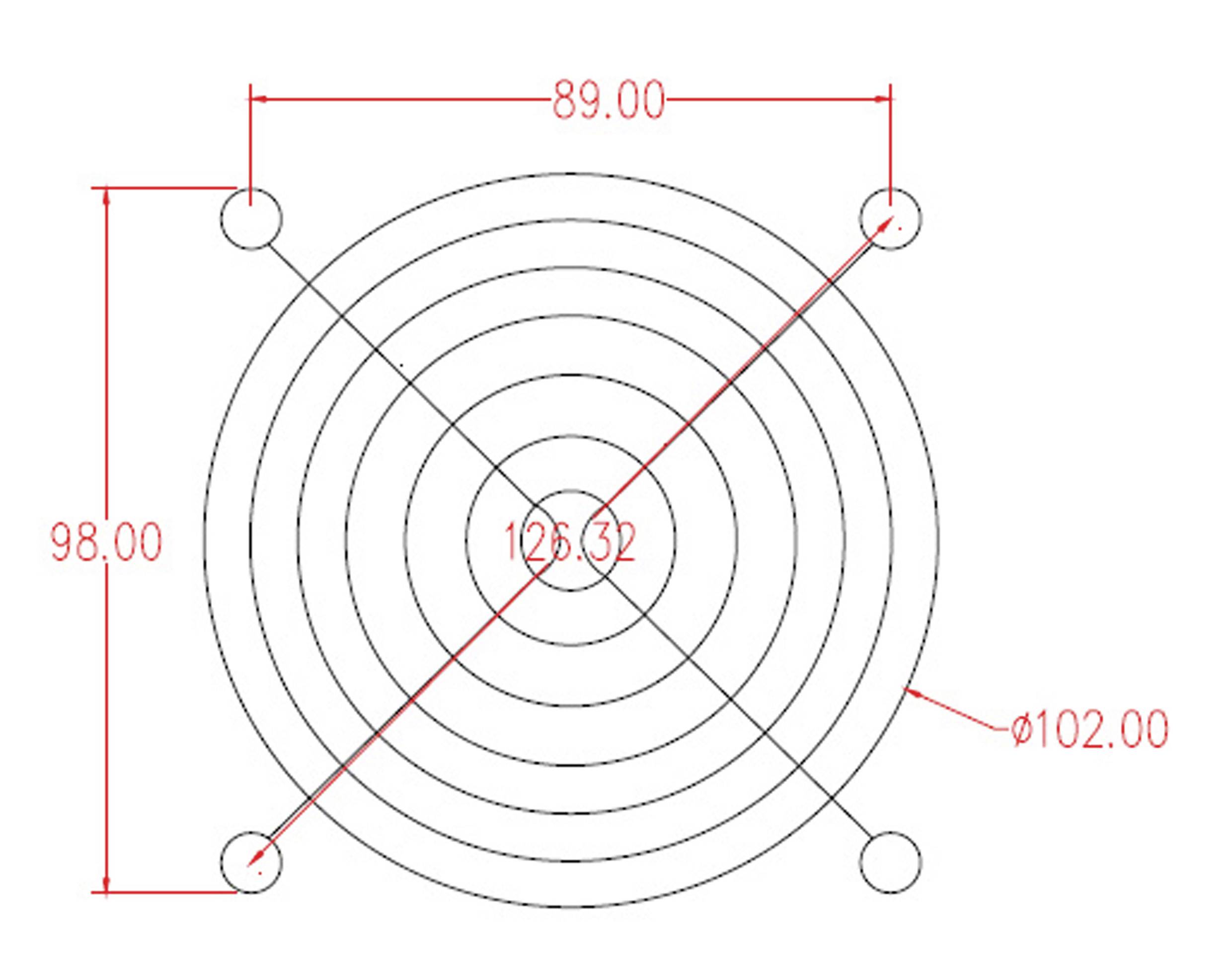 Diagram mřížky ventilátoru s koncentrickými kruhy. Rozměry: průměr 125,32, upevňovací otvory 89,00, vnější rozměr 98,00 a rozteč otvorů 102,00.
