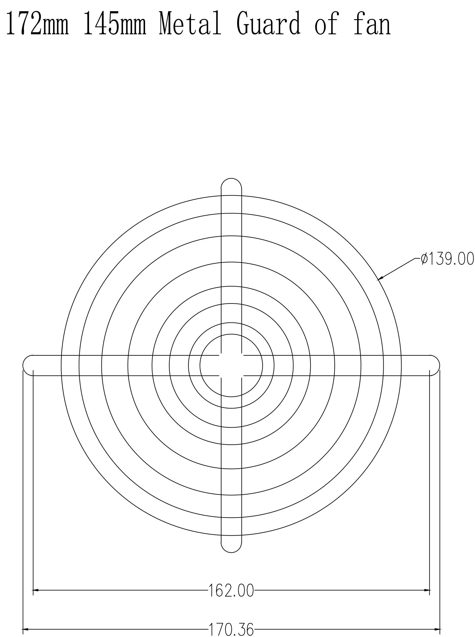 Náčrt kovové mřížky pro ventilátor; zobrazuje rozměry 172 mm × 145 mm. Centrální otvor má průměr 139 mm.