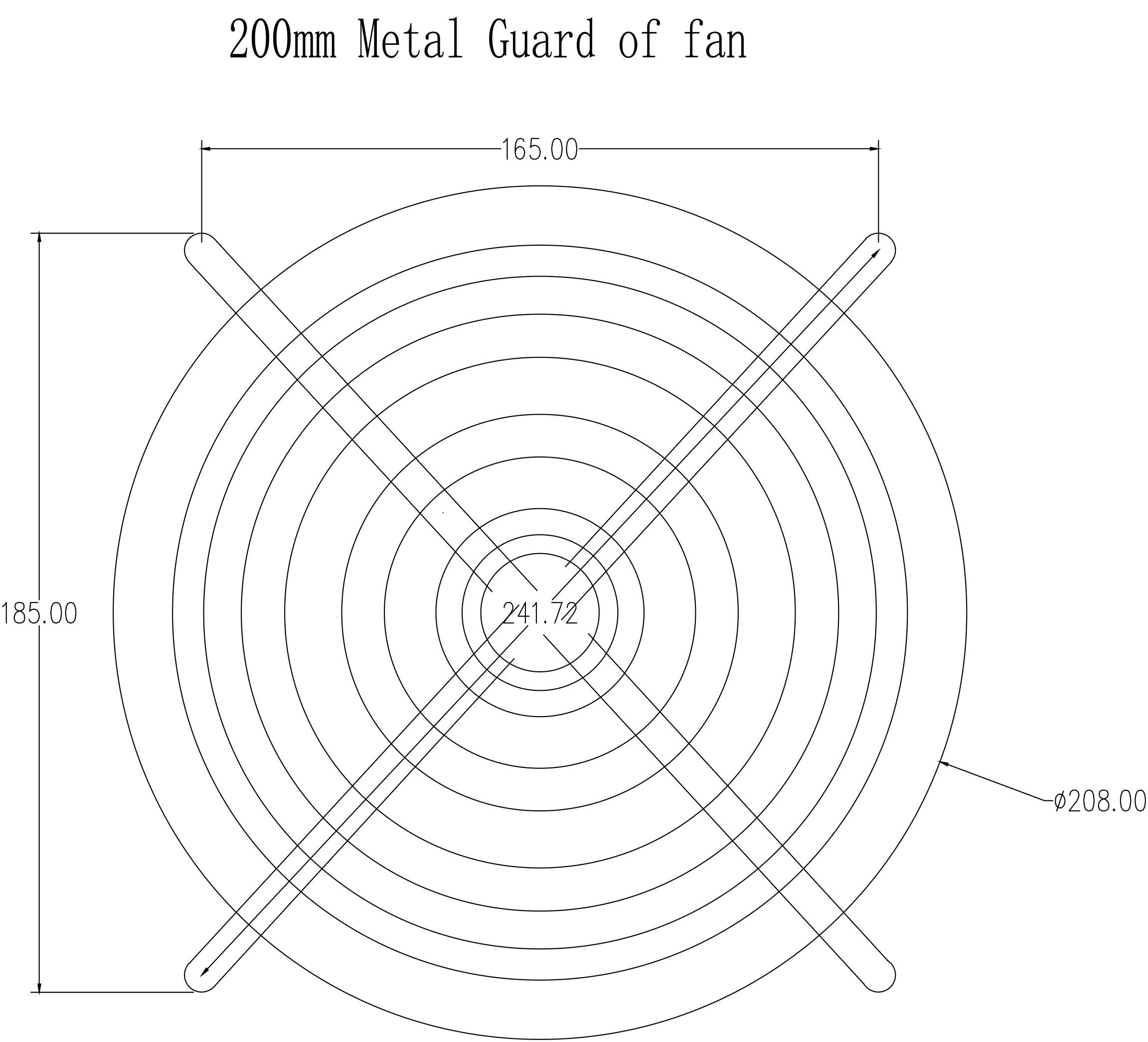 '200mm kovový mřížový kryt ventilátoru' s rozměry: vnější průměr 208 mm, vnitřní průměr 241,72 mm, výška 185 mm, šířka 165 mm.