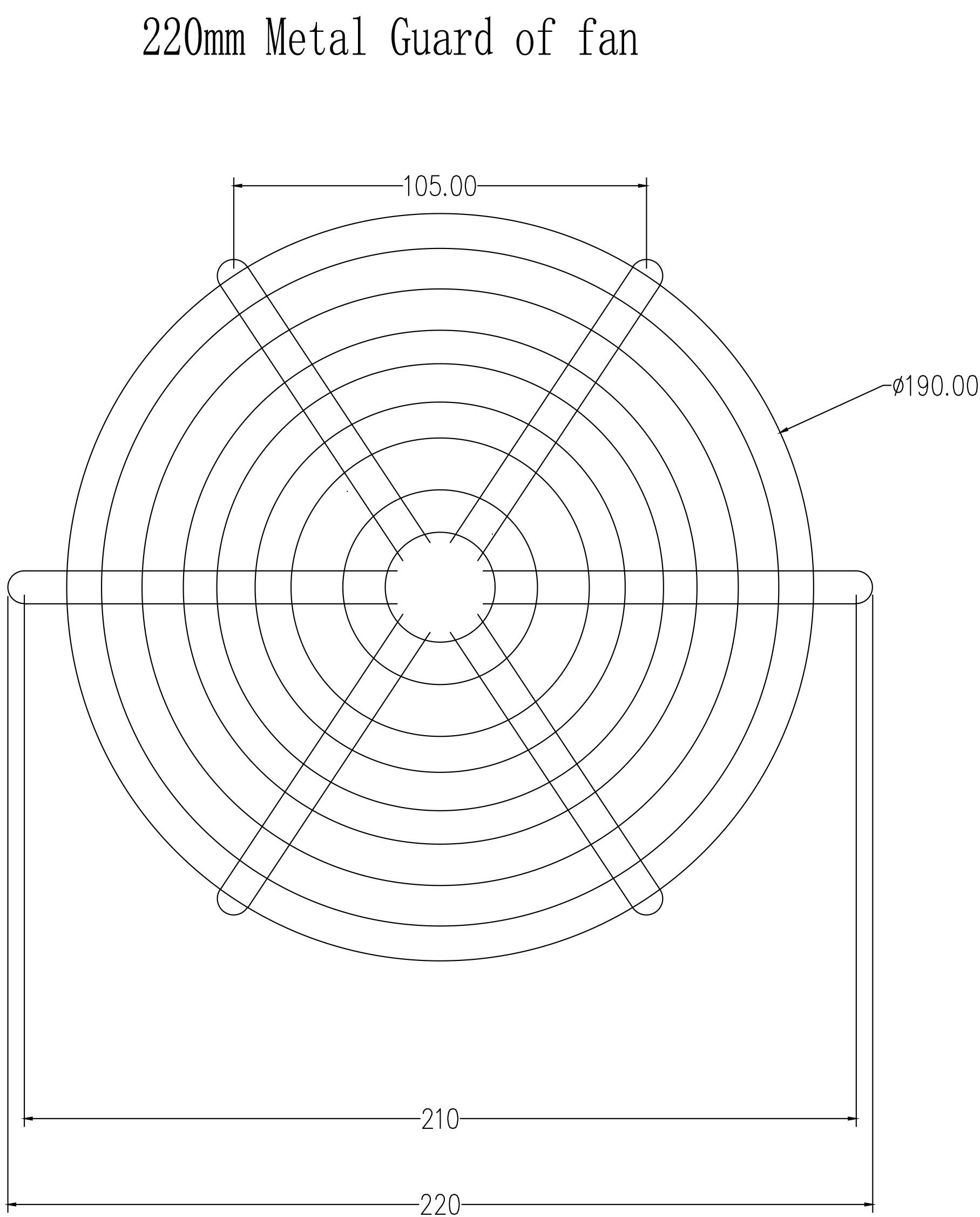 Technický výkres kovového ochranného krytu ventilátoru, průměr 220 mm, soustředné prstence, rozměry vyznačeny.
