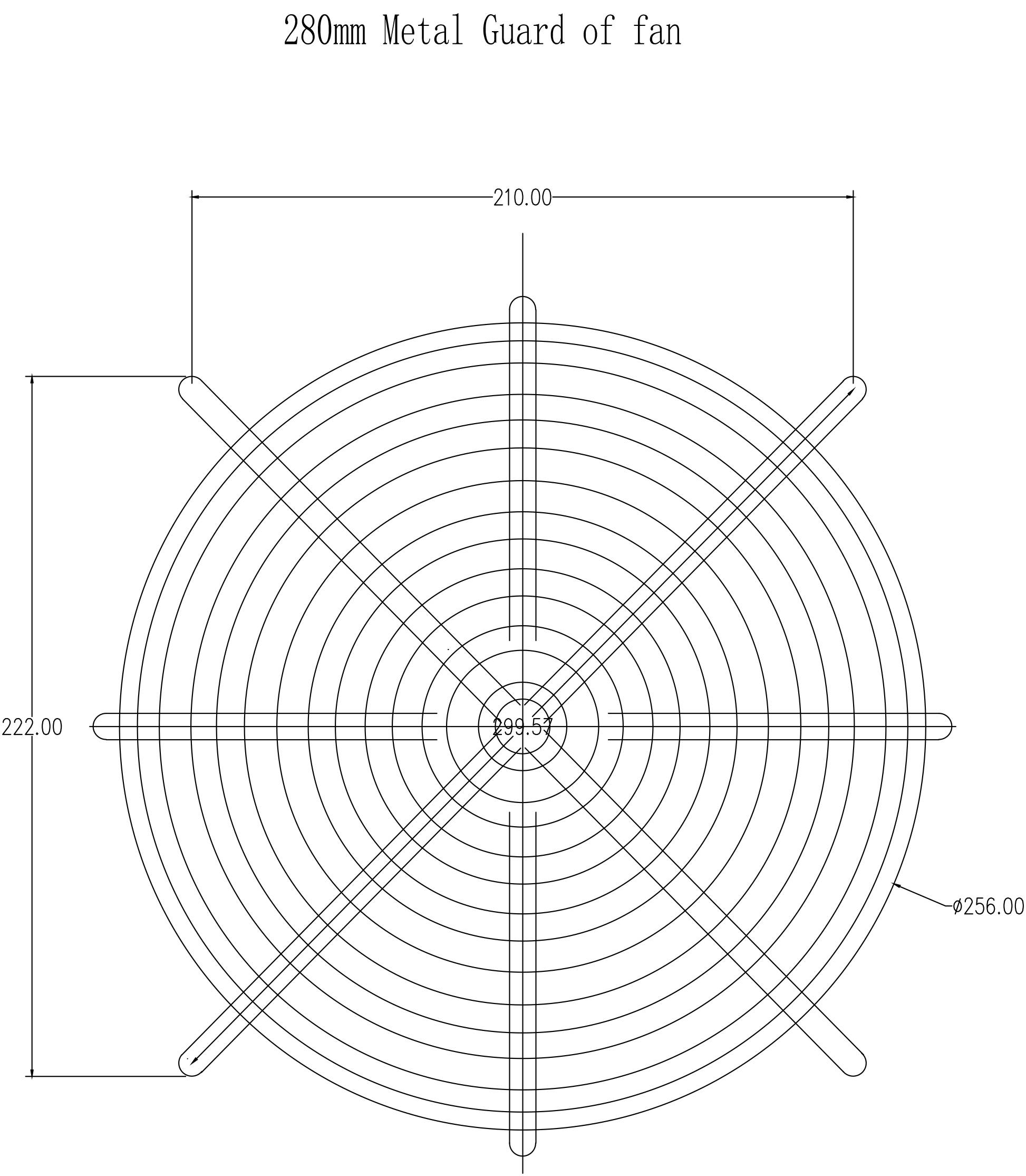 Technický výkres 280mm kovové mřížky ventilátoru s přesnými rozměry 210 mm a 222 mm.