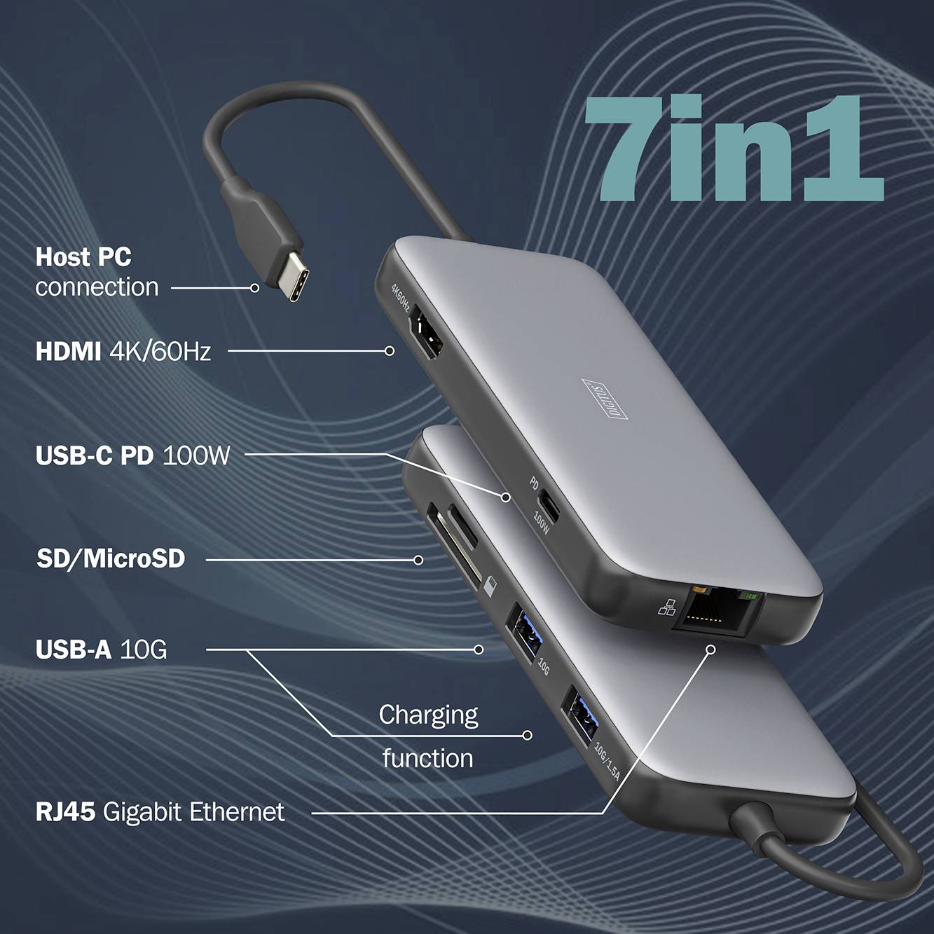 Digitus USB-C® dokovací stanice DA-70914 vč. funkce nabíjení, integrovaná čtečka karet, napájení USB-C®-4