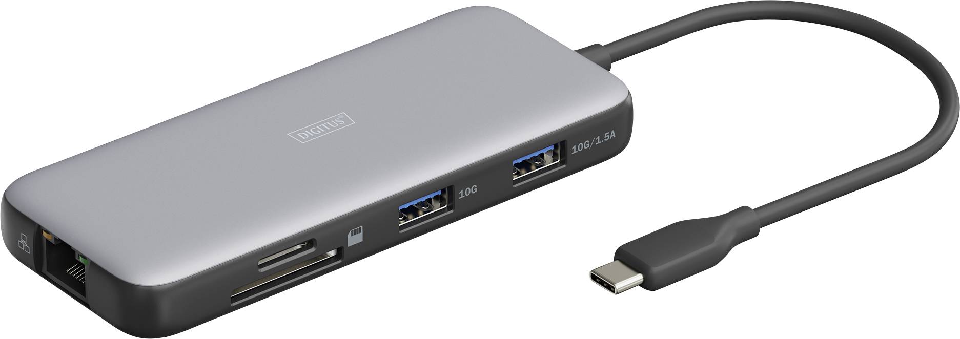 Stříbrný USB-C hub s několika porty, včetně ethernetového rozhraní, USB 3.0 a čtečky karet. Připojený pomocí krátkého USB-C kabelu.