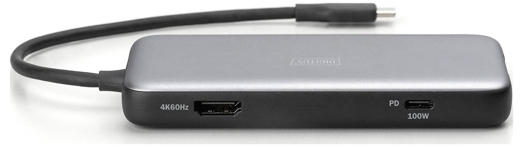Šedý USB-C hub s HDMI 4K60Hz a USB-C PD 100W portem, určený pro připojení více zařízení k počítači nebo notebooku.