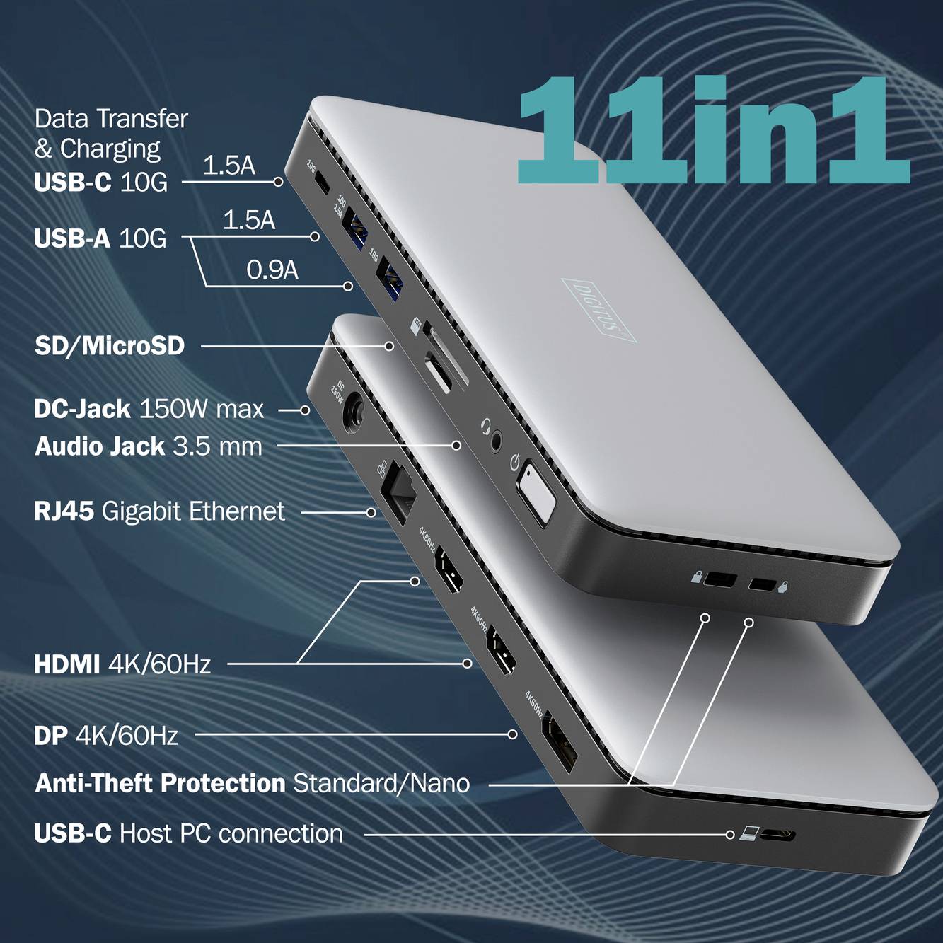 Obrázek ukazuje 11-in-1 laptop dokovací adaptér s porty USB-C, HDMI, SD/MicroSD, RJ45, USB-A a audio konektory.