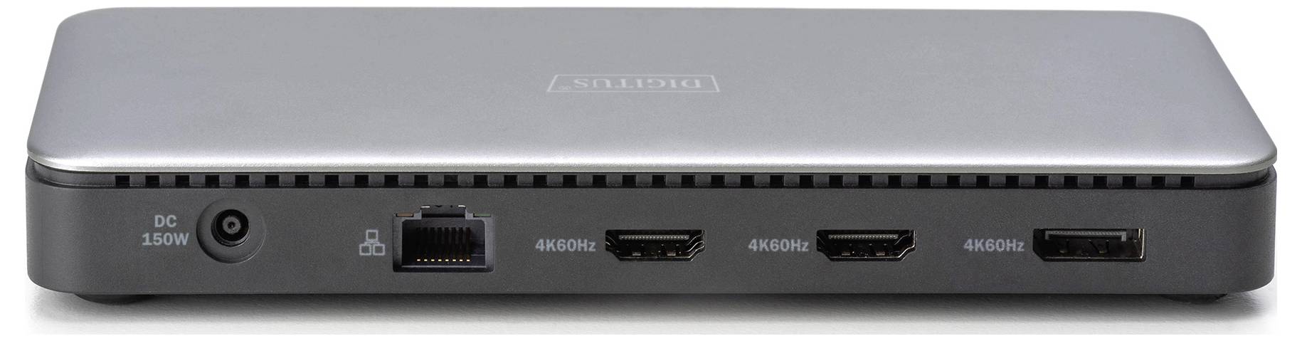 Šedé elektronické zařízení s přípojkami: napájení, ethernet a tři HDMI porty, označené jako '4K@60Hz'.