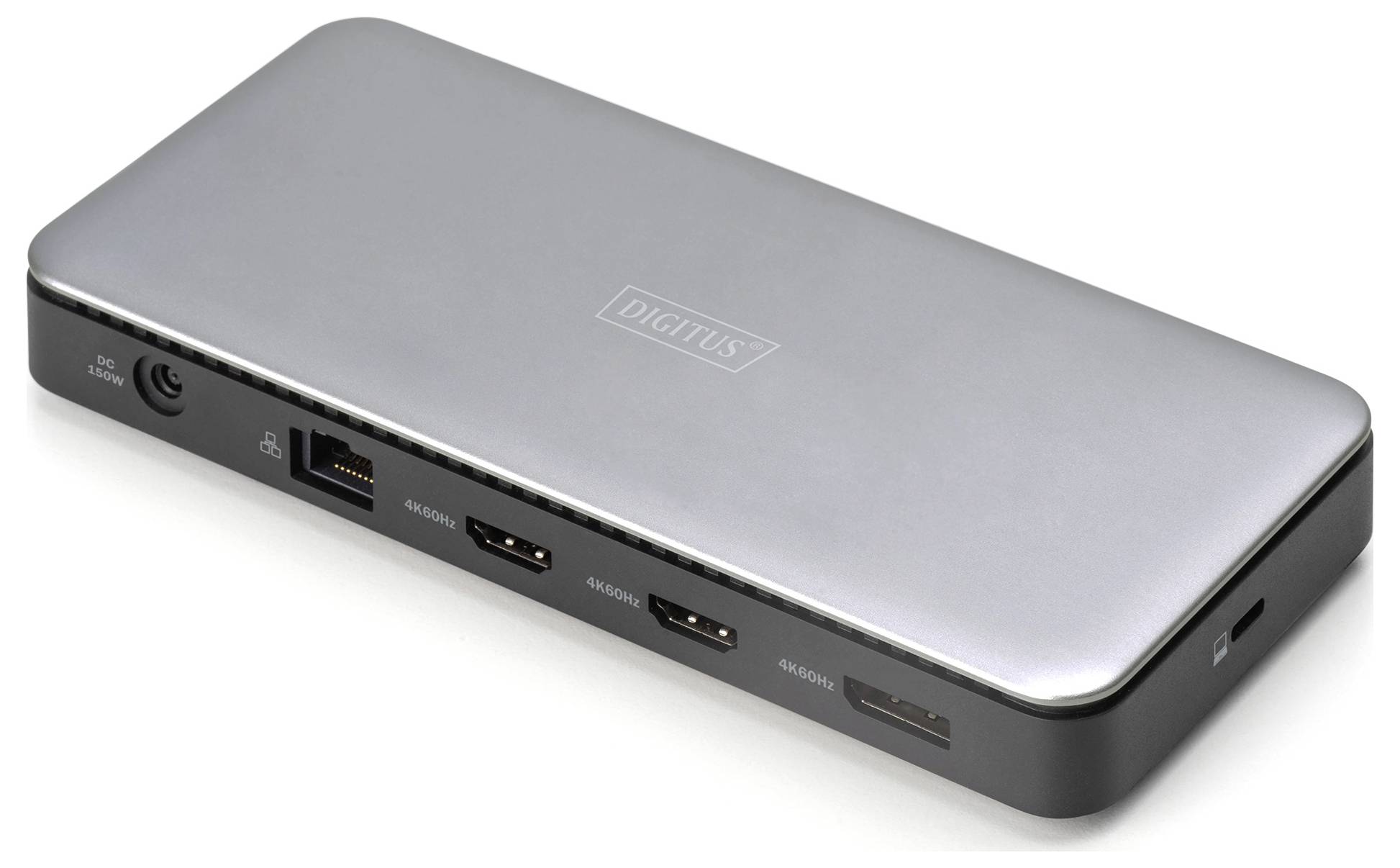 Stříbrné, obdélníkové dokovací zařízení pro počítač s několika porty, včetně HDMI a Ethernetu.
