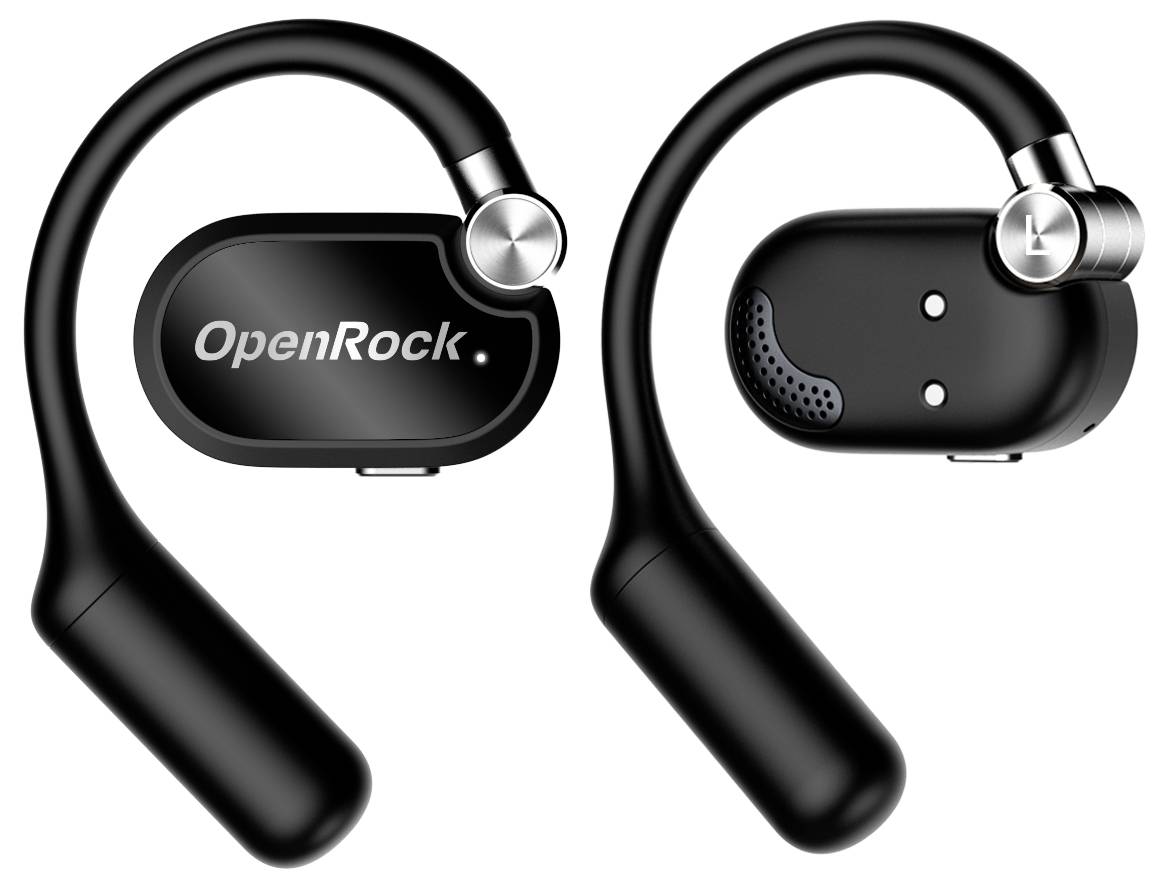Dva černé bezdrátové sluchátka s obloukem, vlevo s logem 'OpenRock'. Design klade důraz na odolnost a pohodlí.