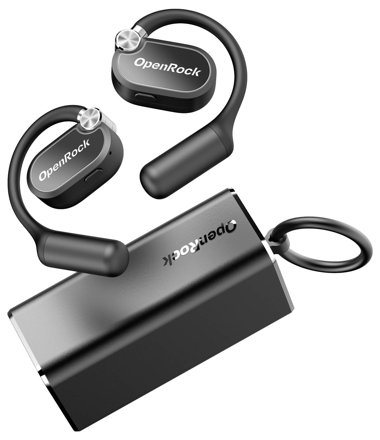 Bezdrátová černá sluchátka značky OpenRock s nabíjecím pouzdrem. Sluchátka mají kulaté, ergonomické oblouky pro bezpečné uchycení v uchu.