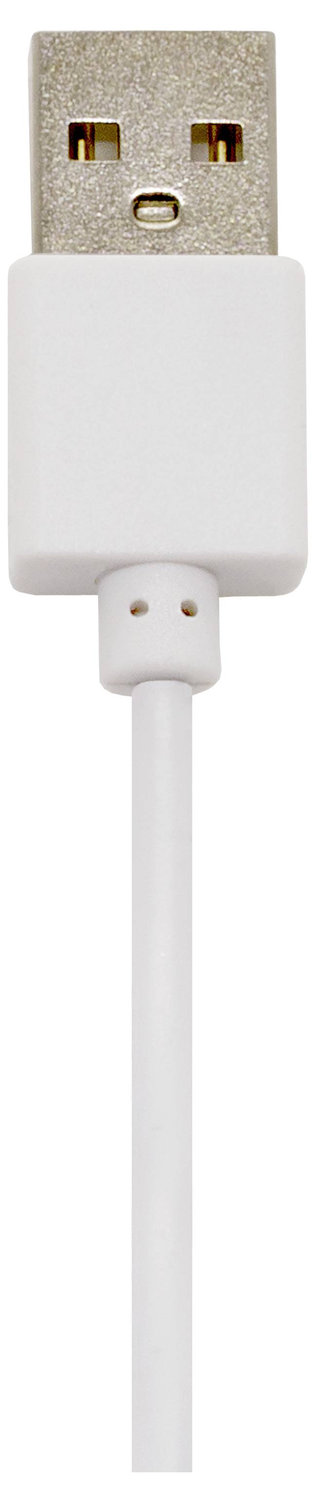USB kabel s bílou koncovkou a kabelem, standardní velikost, zobrazený shora dolů.