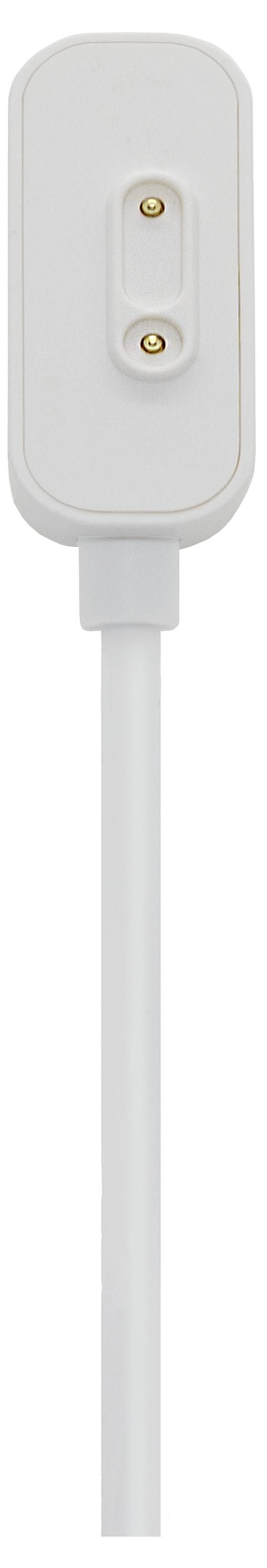 Bílá magnetická nabíječka se dvěma pozlacenými kontakty na bílém kabelu.