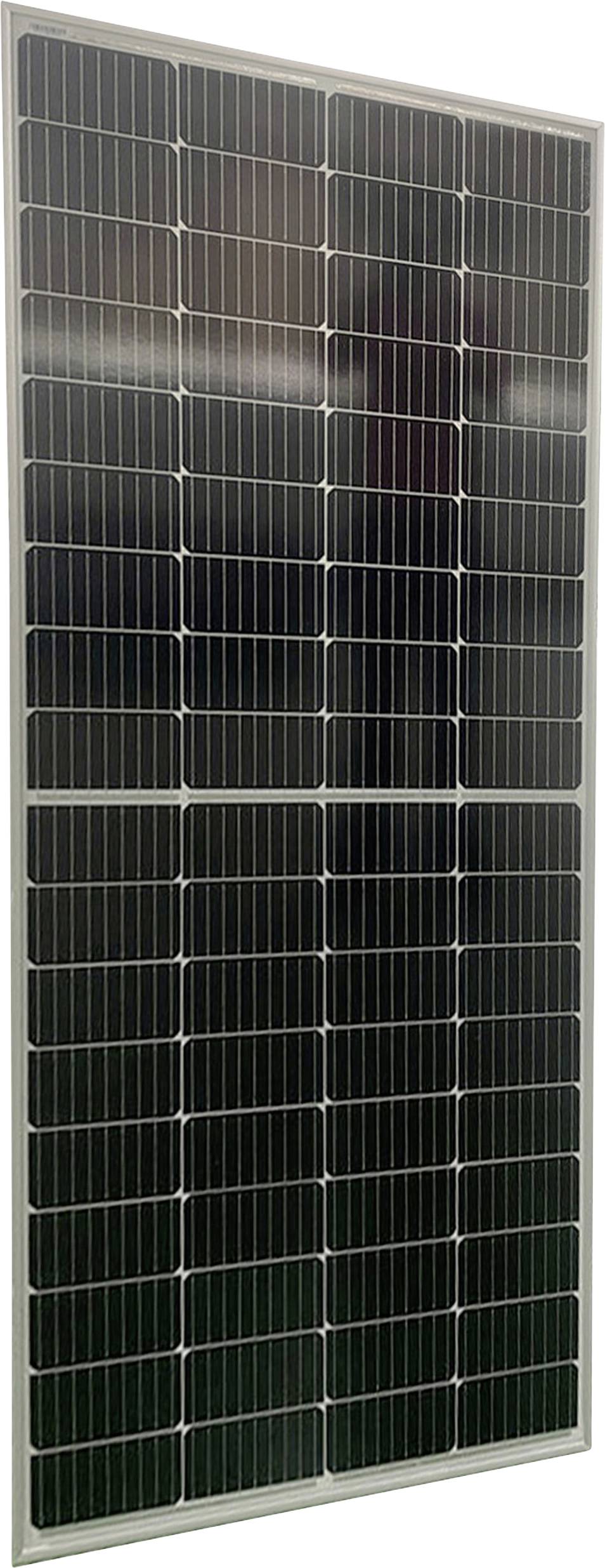 Jednotlivý solární panel obdélníkového tvaru s mnoha tmavými solárními články uspořádanými v pravidelných řadách.