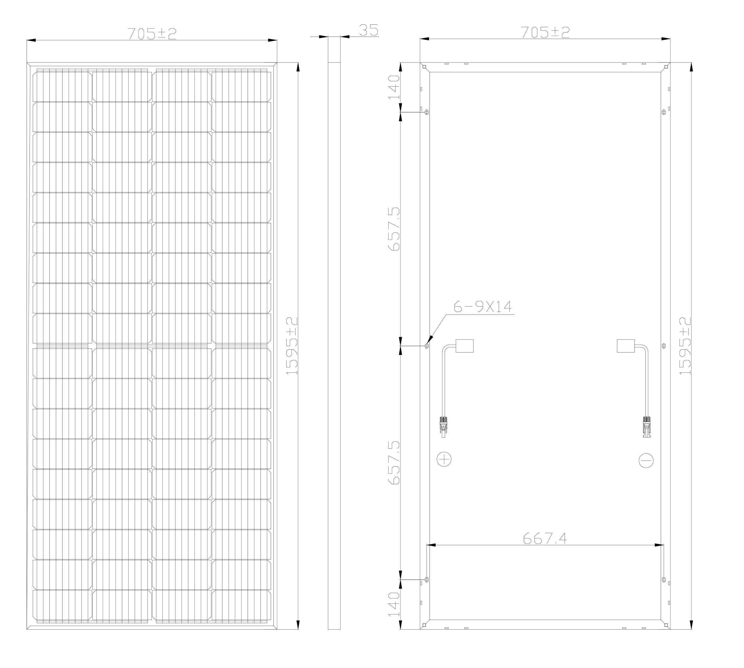 'Technický výkres solárního modulu s pohledem zepředu, z boku a zezadu. Rozměry: 705x1595 mm. Zobrazeny montážní otvory a pozice připojení.'