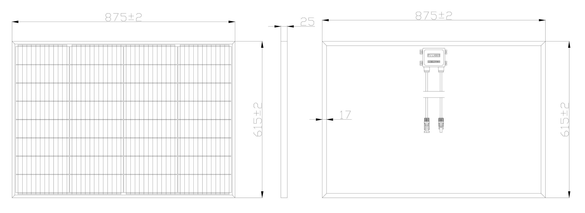 Nákres solárního modulu s rozměry 875x615 mm. Přední a zadní pohled s vyznačenými rozměry, viditelné připojovací kabely.