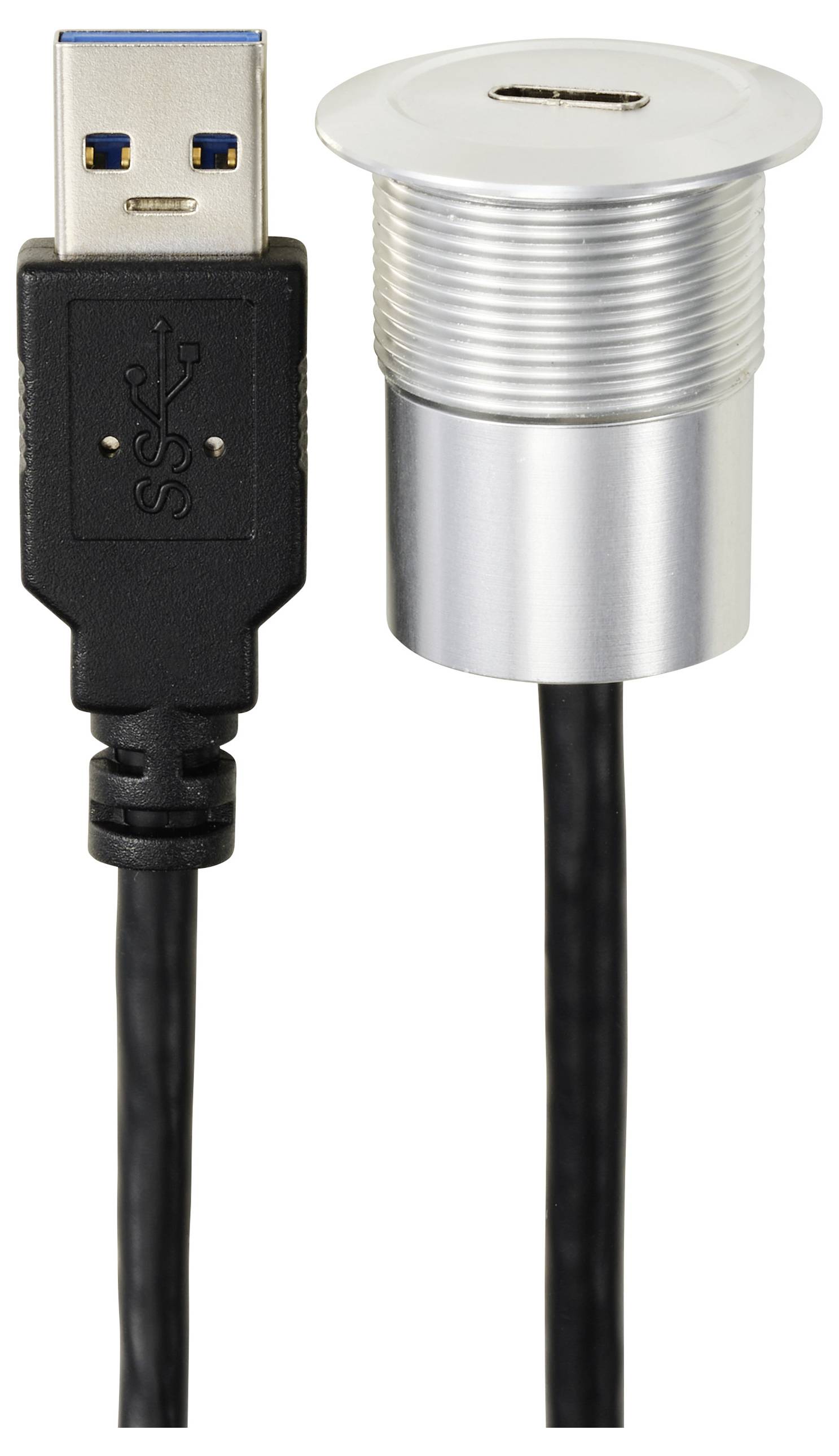 USB 3.0 konektor a stříbrná válcovitá dokovací stanice s černým kabelem a USB-C portem pro přenos dat.