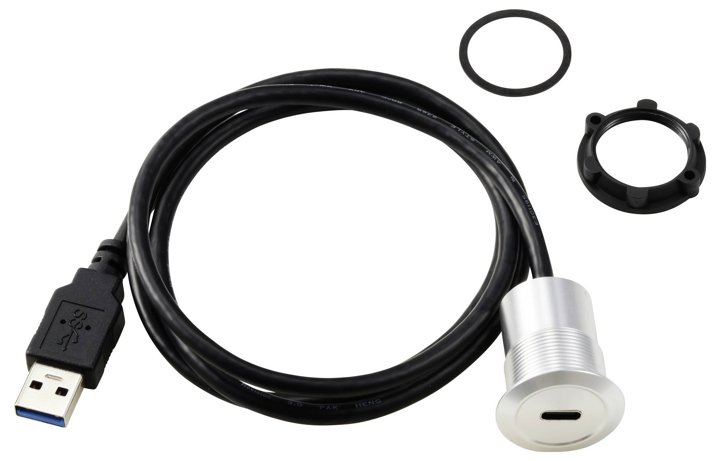 Černý USB kabel se stříbrným, kulatým konektorem, plastovým kroužkem a destičkou. Vhodný pro přenos dat a nabíjení.