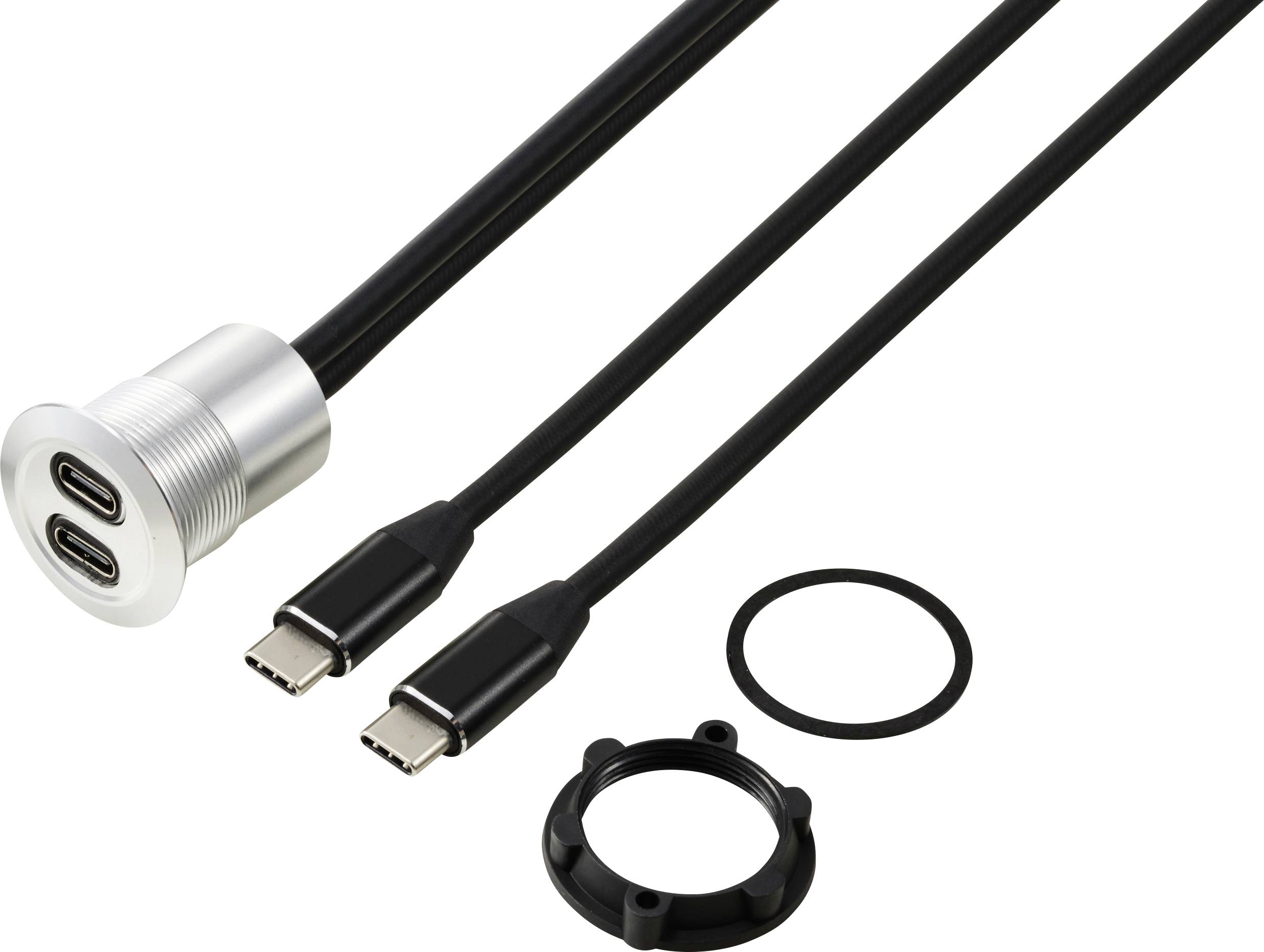 Duální USB-C adaptér se stříbrnou zásuvkou a dvěma připojenými kabely. Obsahuje černý kroužek a držák pro montáž.