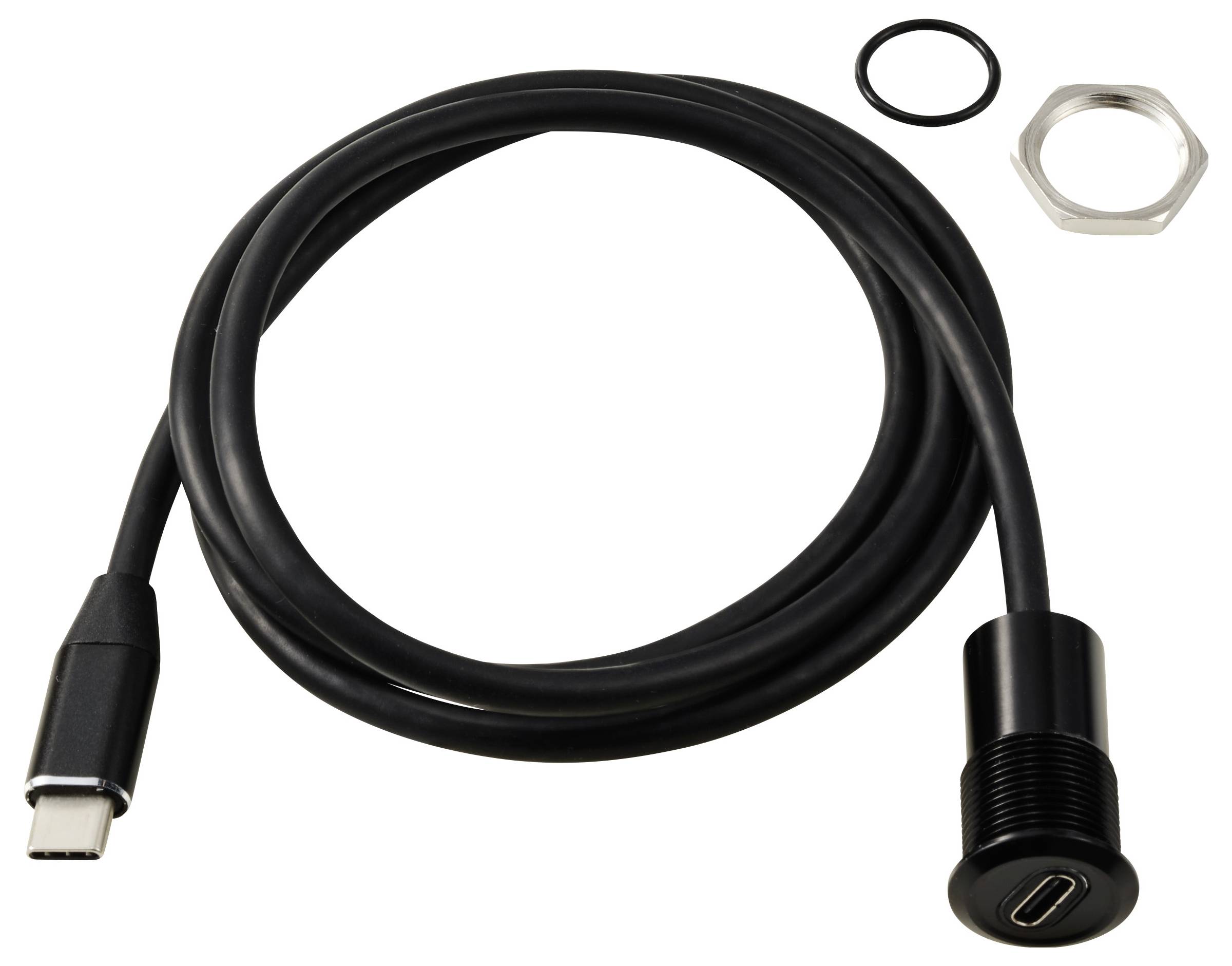 Černý USB-C kabel s upevňovacím kroužkem a šestihrannou maticí, vhodný pro vestavbu do zařízení nebo připojení periferních zařízení.