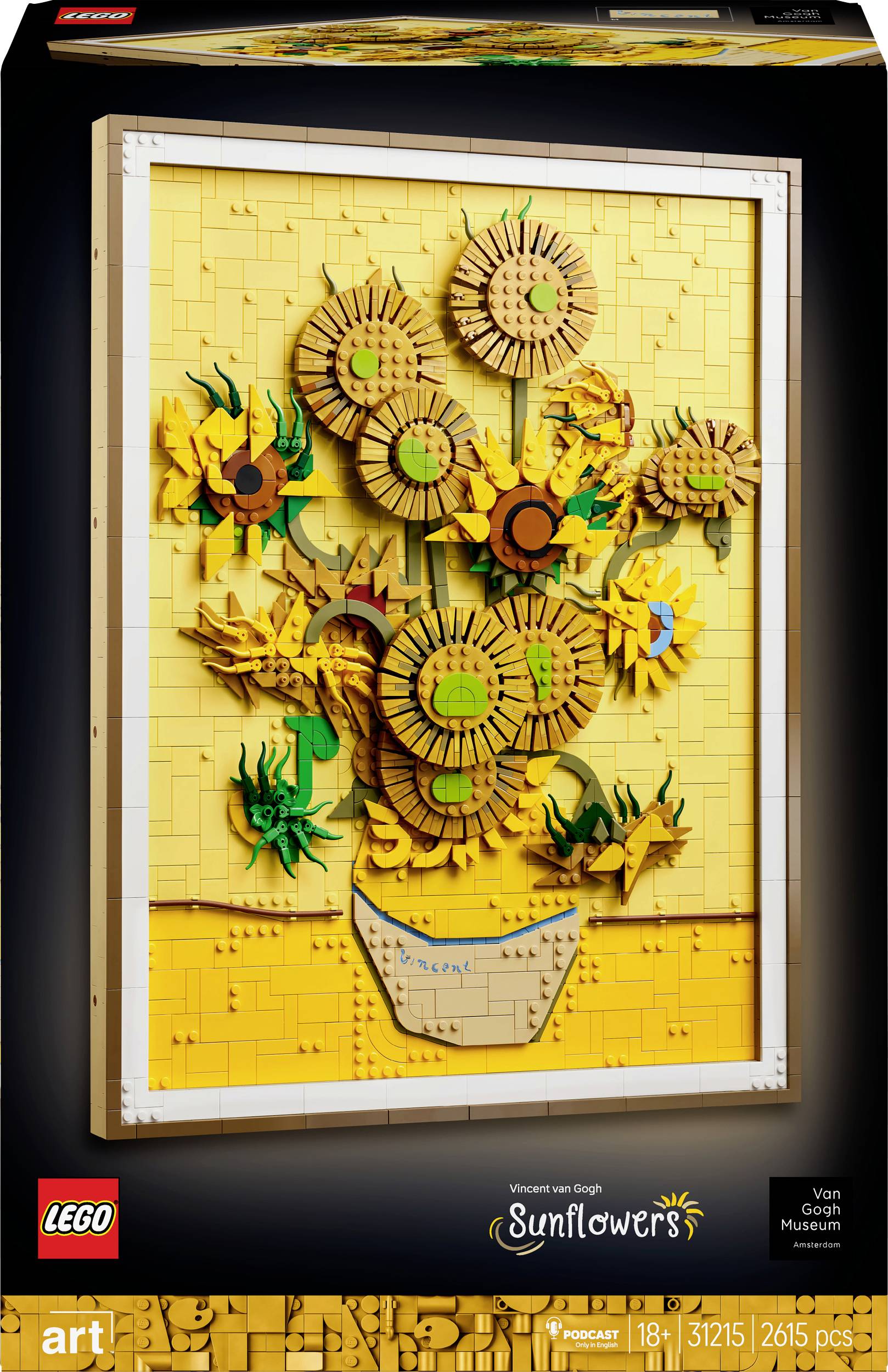 LEGO Sada: Slunečnice od Van Gogha, sestávající z 2.165 dílků. Obrázek znázorňuje žluté květy ve váze na žlutém pozadí.