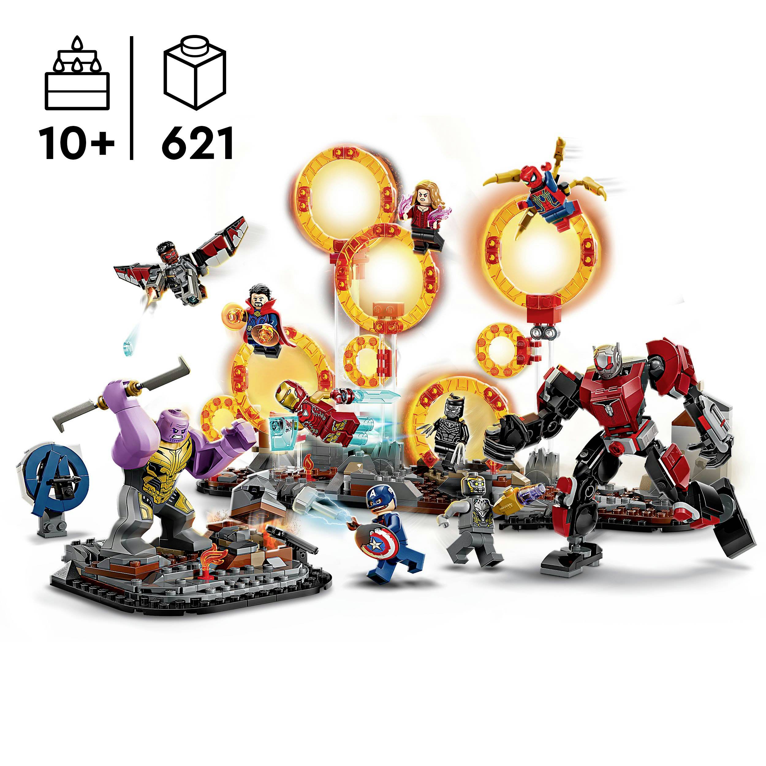 LEGO sada pro děti od 10 let s 621 díly, zobrazující superhrdiny v scénách s figurkami a stavbami pro kreativní herní možnosti.