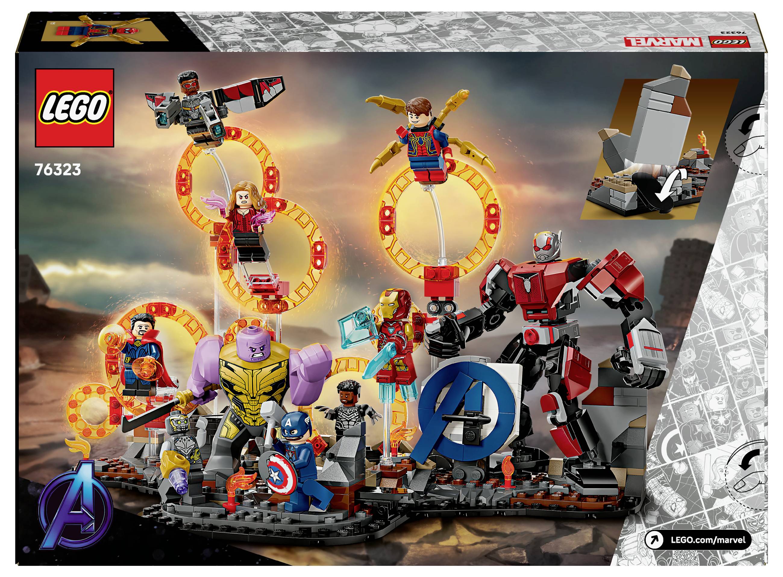 LEGO sada s tematikou Avengers: Obsahuje figurky Thanose, Iron Mana, Captain America a robota. Figurky pózují na kamenné plošině.