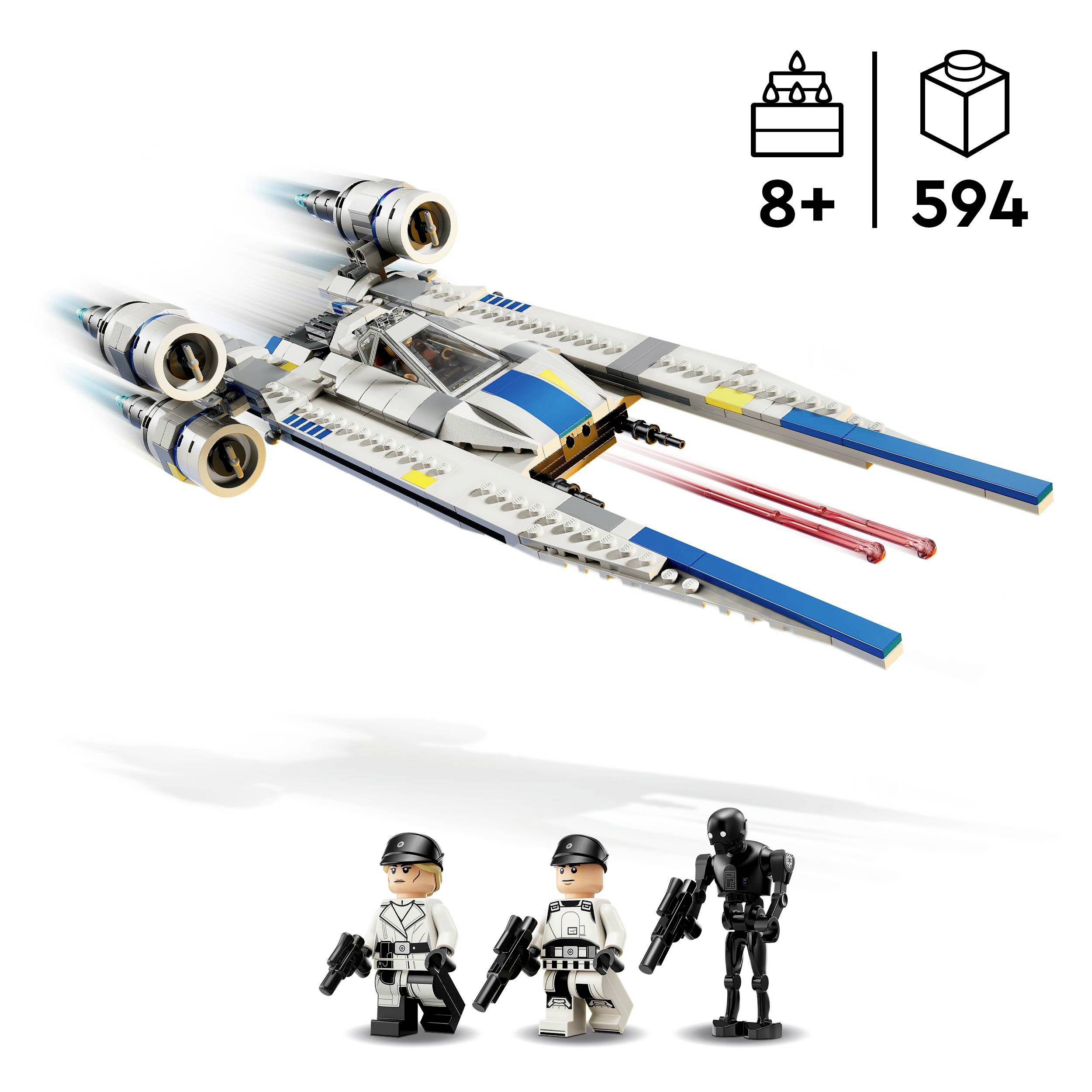 LEGO stavebnice s vesmírnou lodí a třemi figurkami, doporučeno pro děti od 8 let. Obsahuje 594 dílků.
