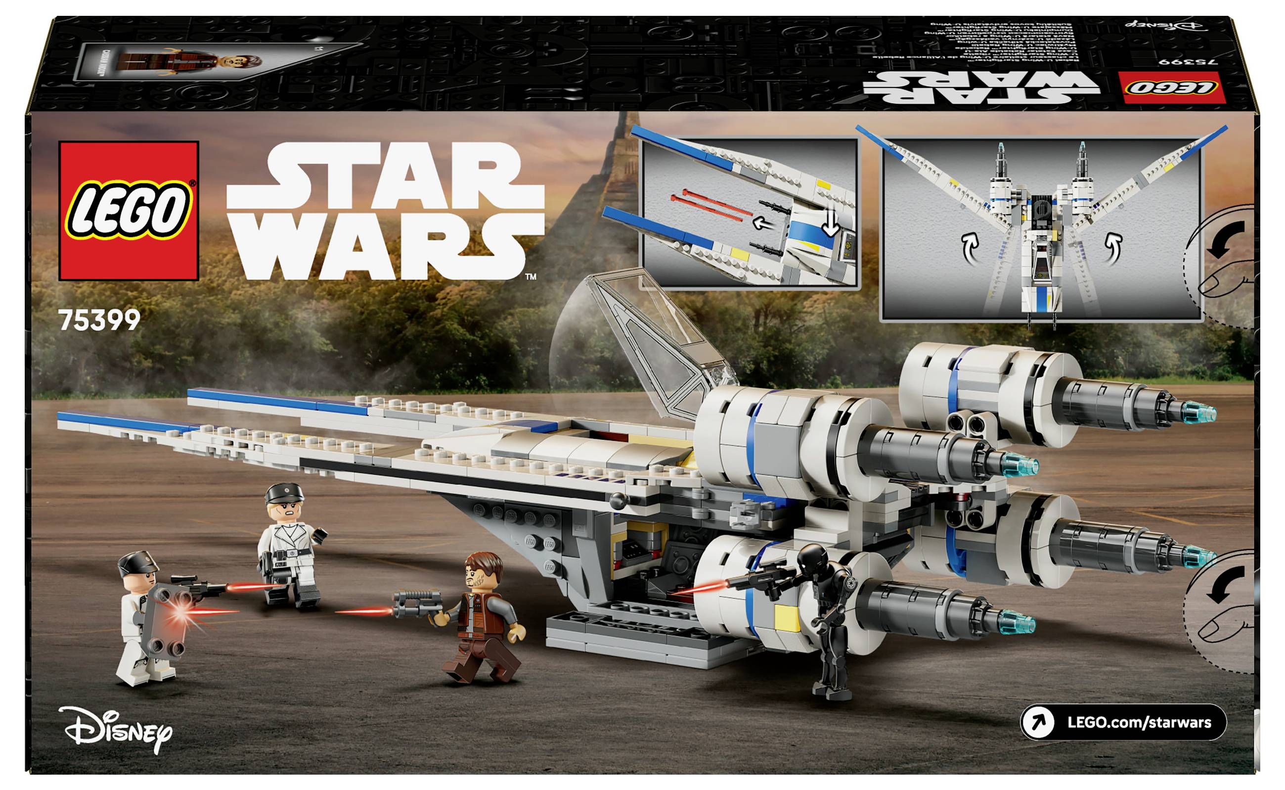 LEGO Star Wars sada 75399 s vesmírnou lodí, třemi figurkami, včetně pilota a vojáka, zobrazená ve sci-fi scéně na krabici.