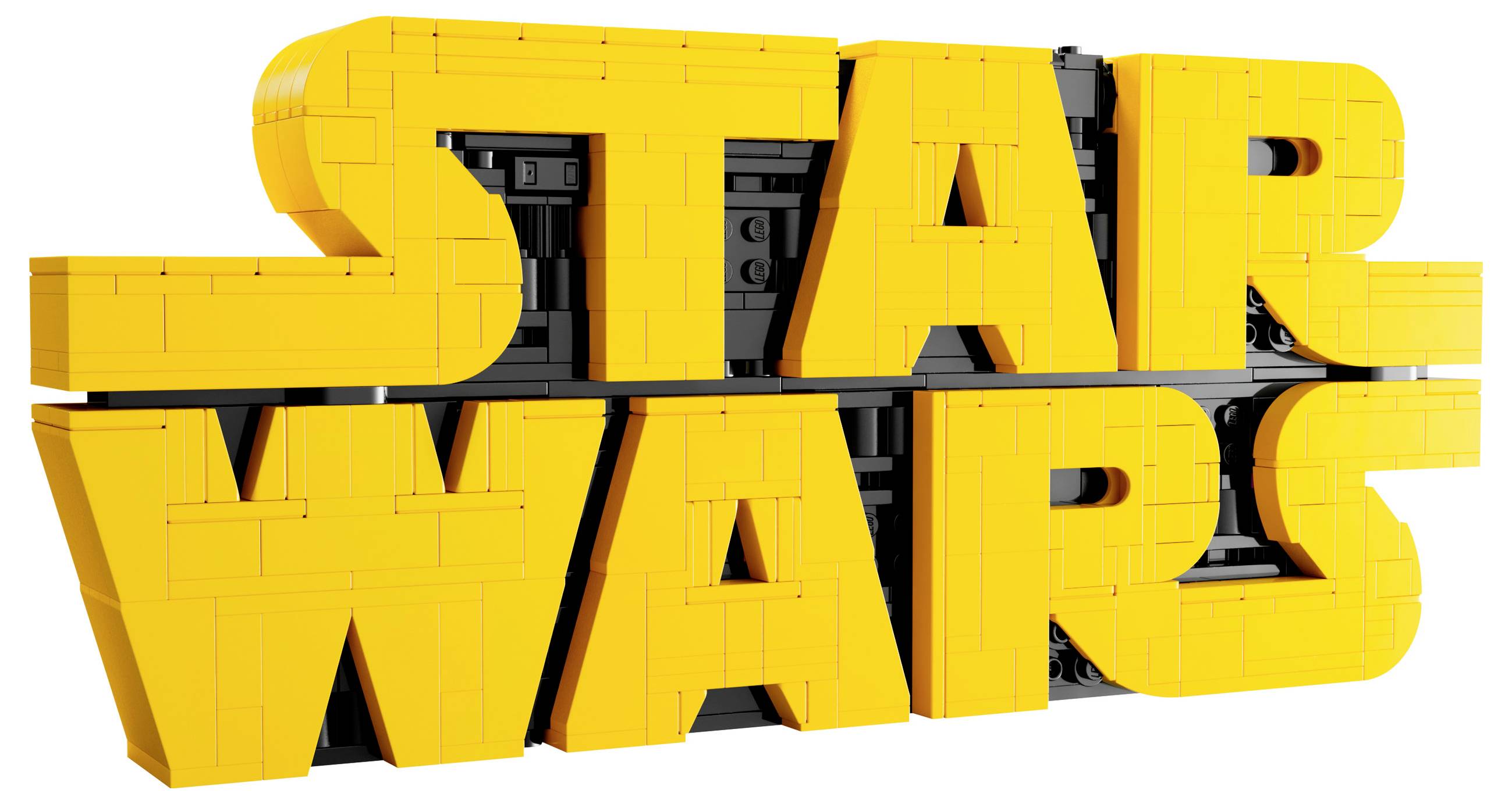 Velký Lego model loga 'Star Wars' ve žluté barvě.