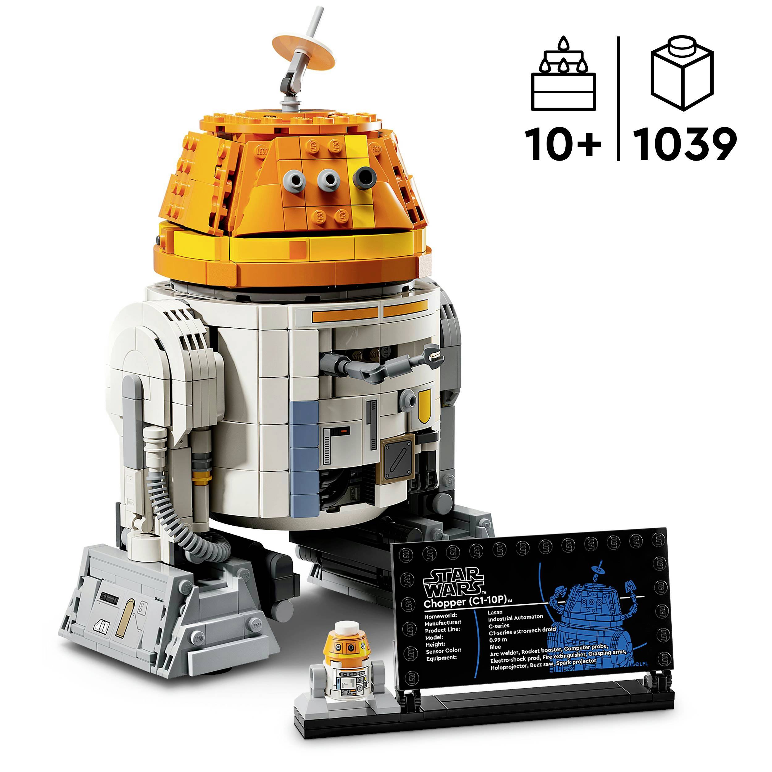 LEGO 'Star Wars' stavebnice droida Choppera se 1039 díly, vhodná od 10 let. Zobrazuje oranžovo-šedého robota s displejem.