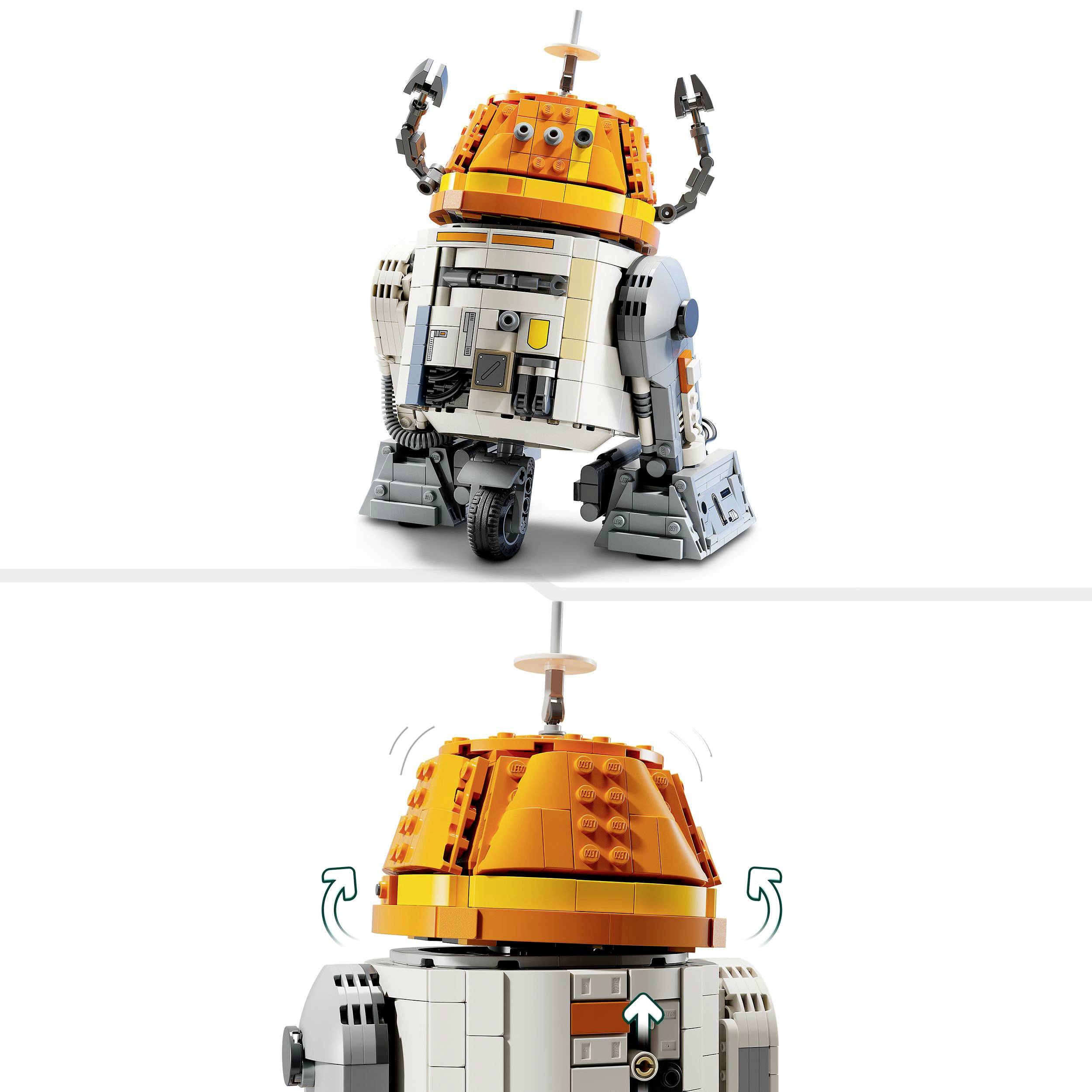 Oranžovo-bílý robot ze stavebních dílků zvedá své paže, pod nimiž je schematické znázornění jeho otáčející se hlavy.
